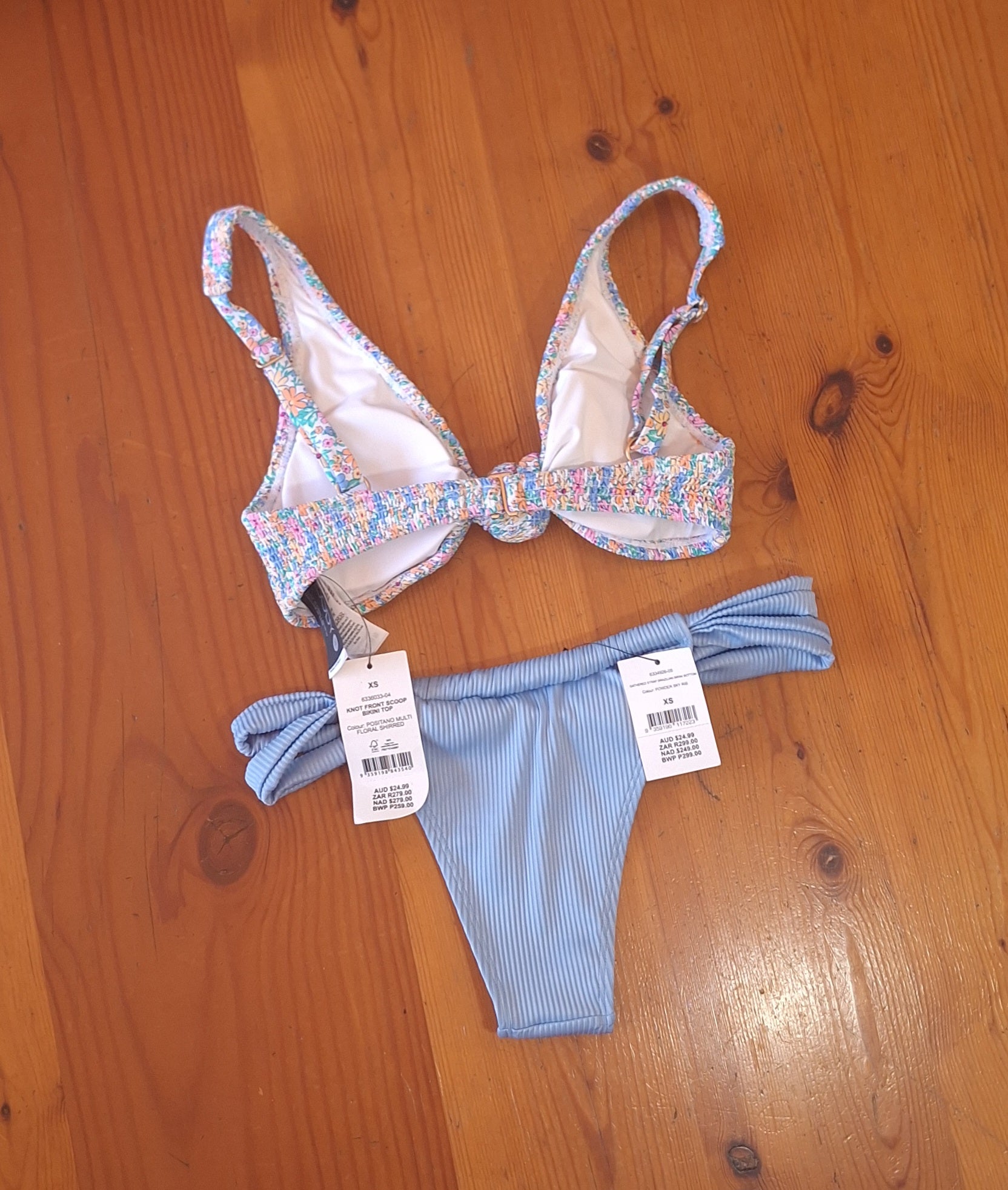 Cotton On Bikini Set Knot Front Scoop Top Positano Multi Floral Shirred and Gathered Strap Brazilian Bottom Powder Sky Rib