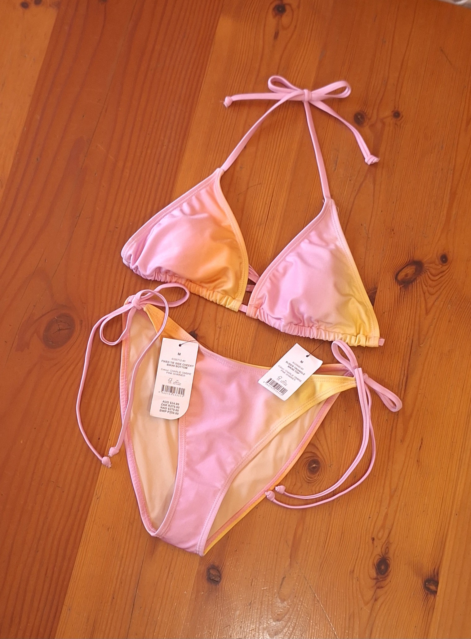 Cotton On Slider Triangle Bikini Top and Fixed Tie Side Cheeky Bikini Bottom in Charlie Ombre Pink Shimmer