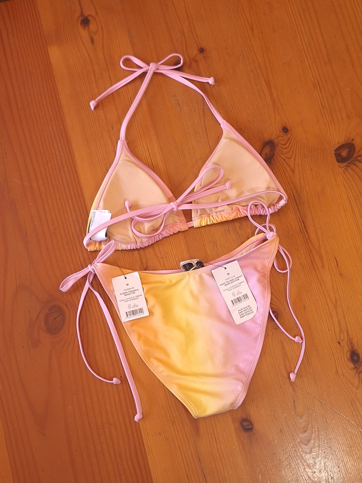 Cotton On Slider Triangle Bikini Top and Fixed Tie Side Cheeky Bikini Bottom in Charlie Ombre Pink Shimmer