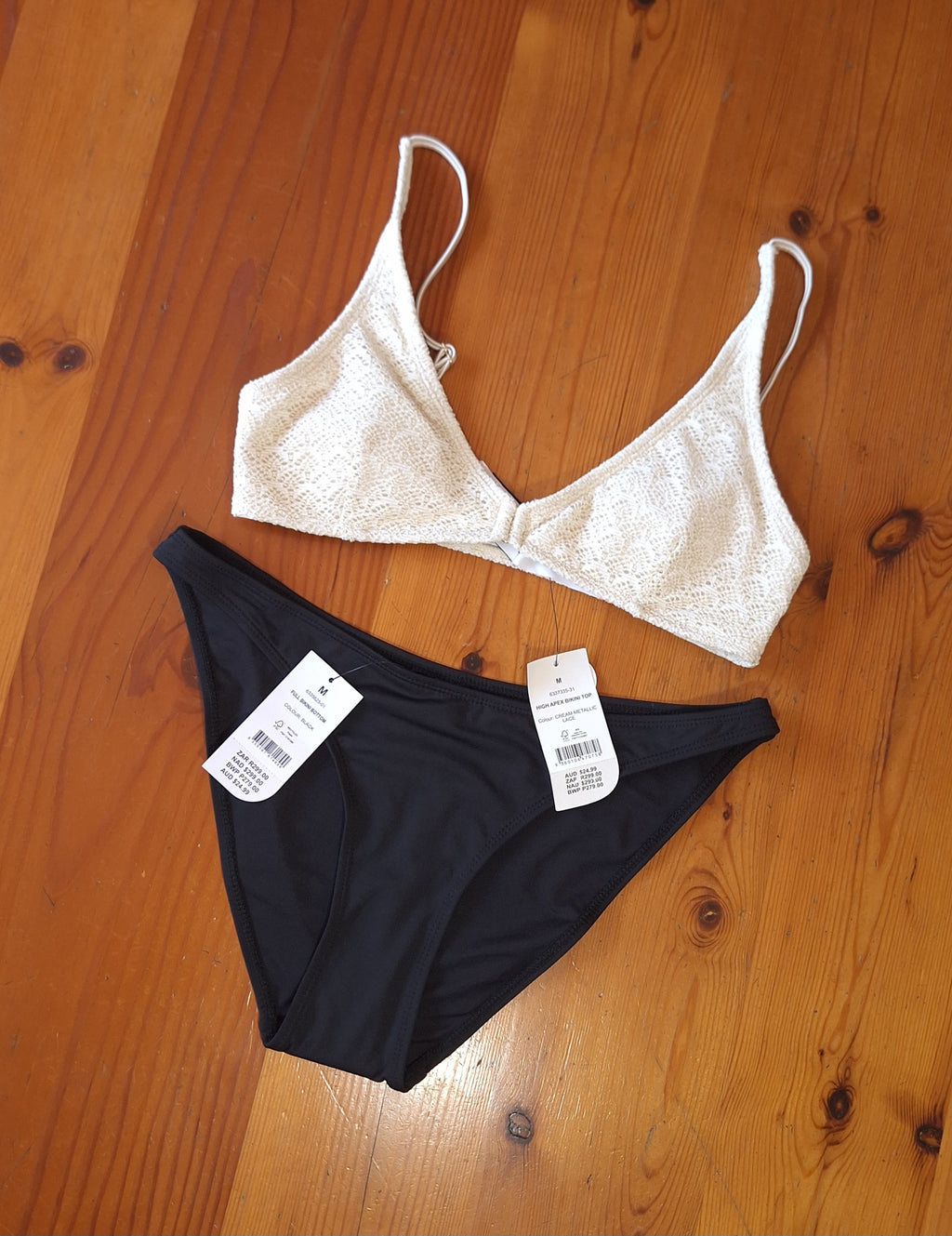 Cotton On Women's Bikini Set High Apex Bikini Top Colour: Cream Metallic Lace  Bottom Size Full Bikini Bottom Colour: Black