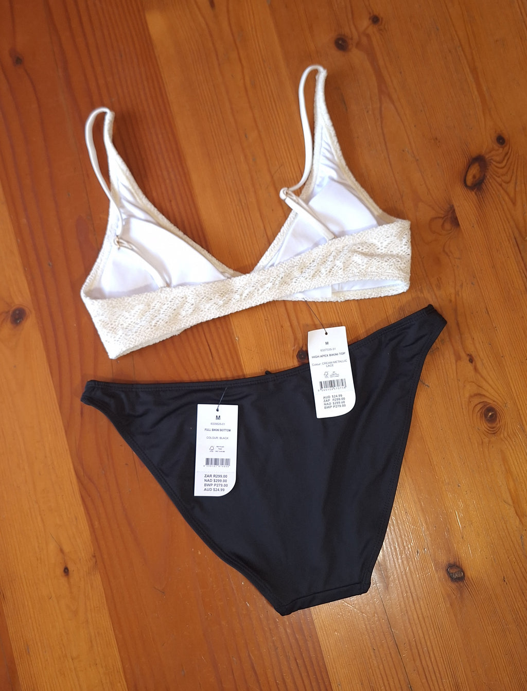 Cotton On Women's Bikini Set High Apex Bikini Top Colour: Cream Metallic Lace  Bottom Size Full Bikini Bottom Colour: Black