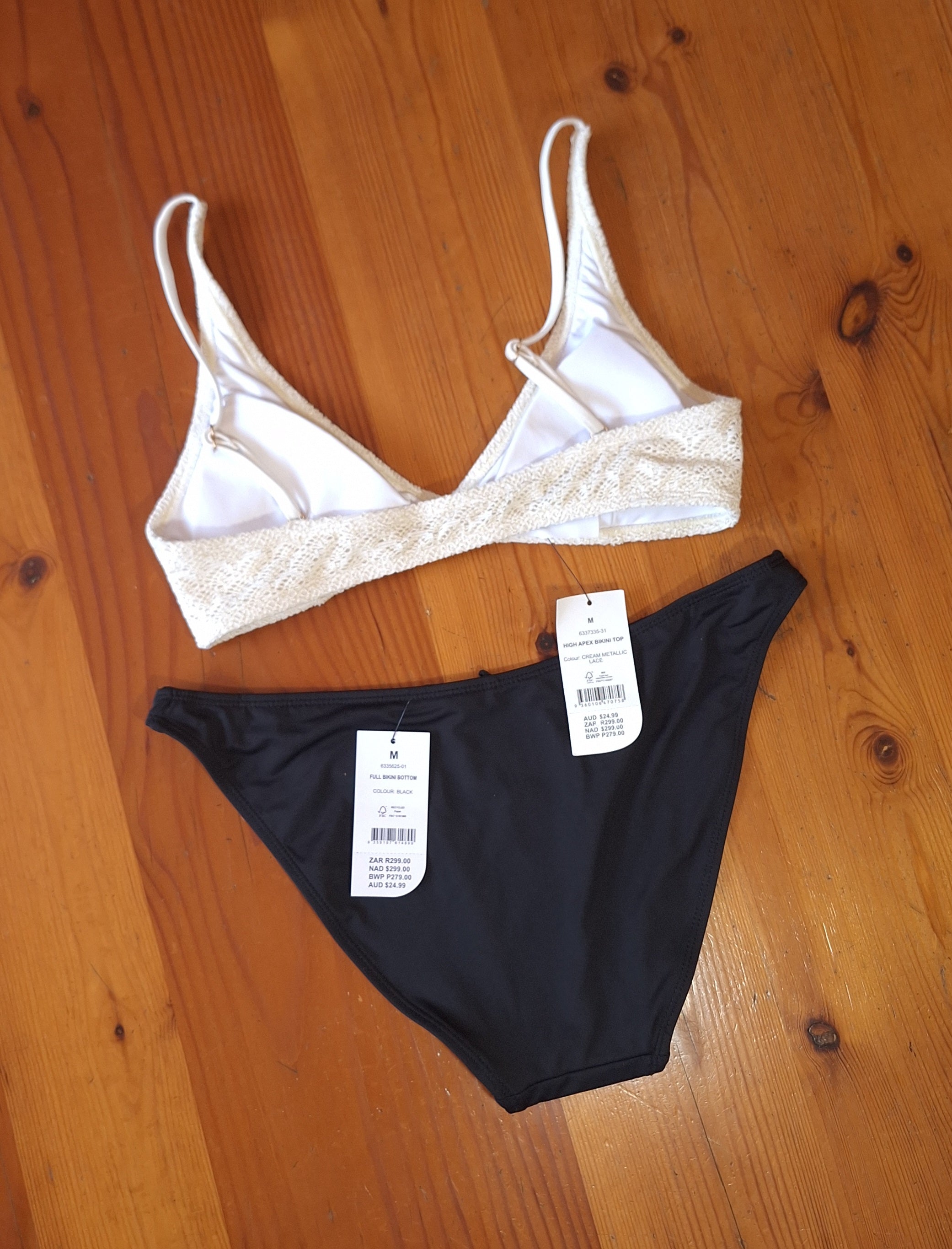 Cotton On Bikini Set High Apex Bikini Top Colour: Cream Metallic Lace  Bottom Size Full Bikini Bottom Colour: Black