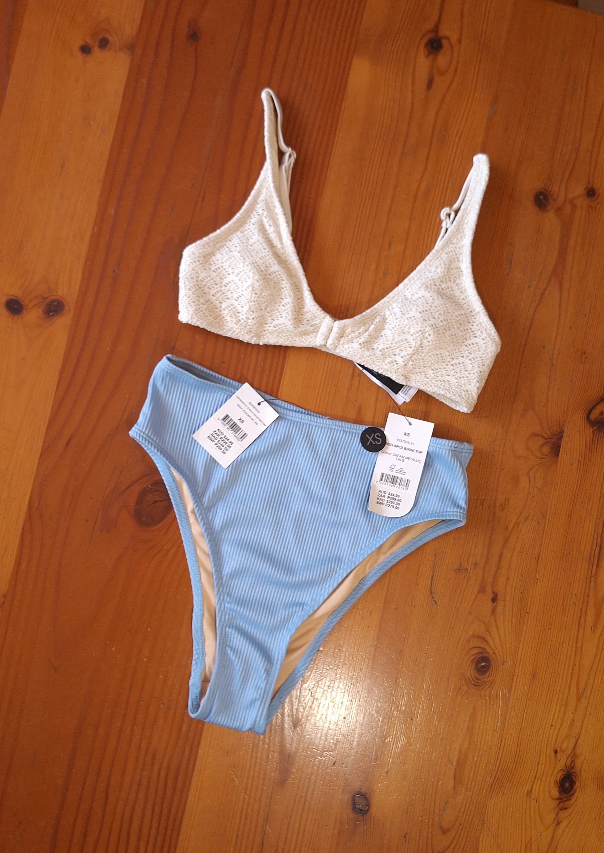 Cotton On Bikini Set High Apex Bikini Top Colour: Cream Metallic Lace High-waisted Cheeky Bikini Bottom Colour: Powder Sky Rib