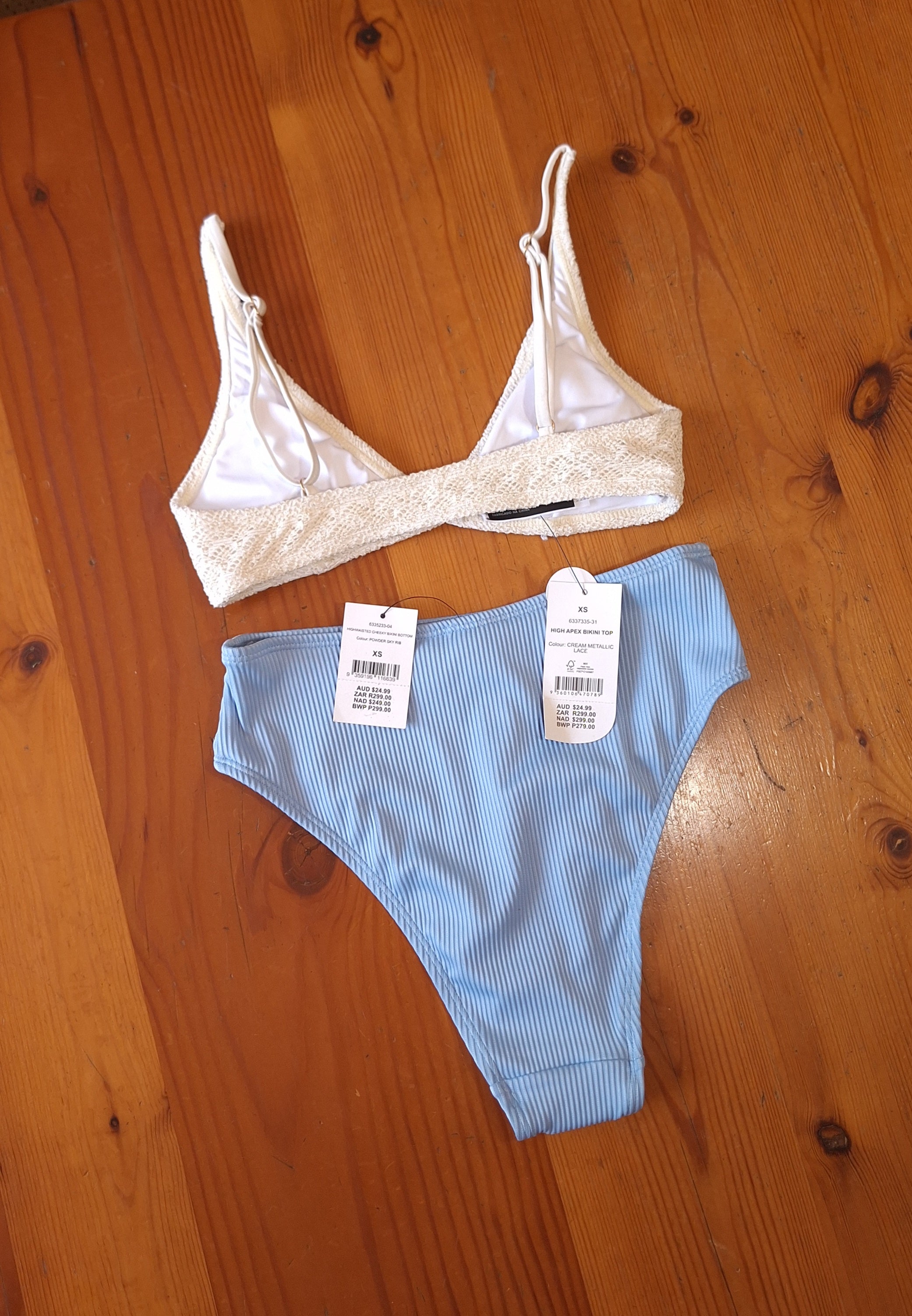 Cotton On Bikini Set High Apex Bikini Top Colour: Cream Metallic Lace High-waisted Cheeky Bikini Bottom Colour: Powder Sky Rib