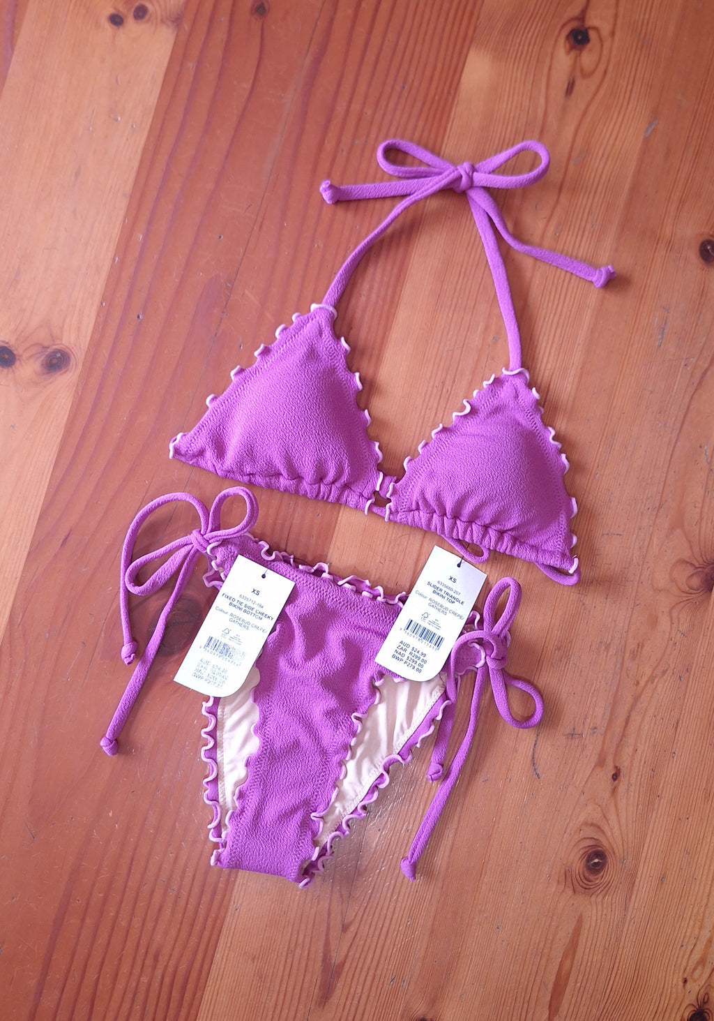 Cotton On Women's Bikini Set in RoseBud Crepe/Gathers Slider Triangle Bikini Top, Fixed Tie Side Cheeky Bikini Bottom