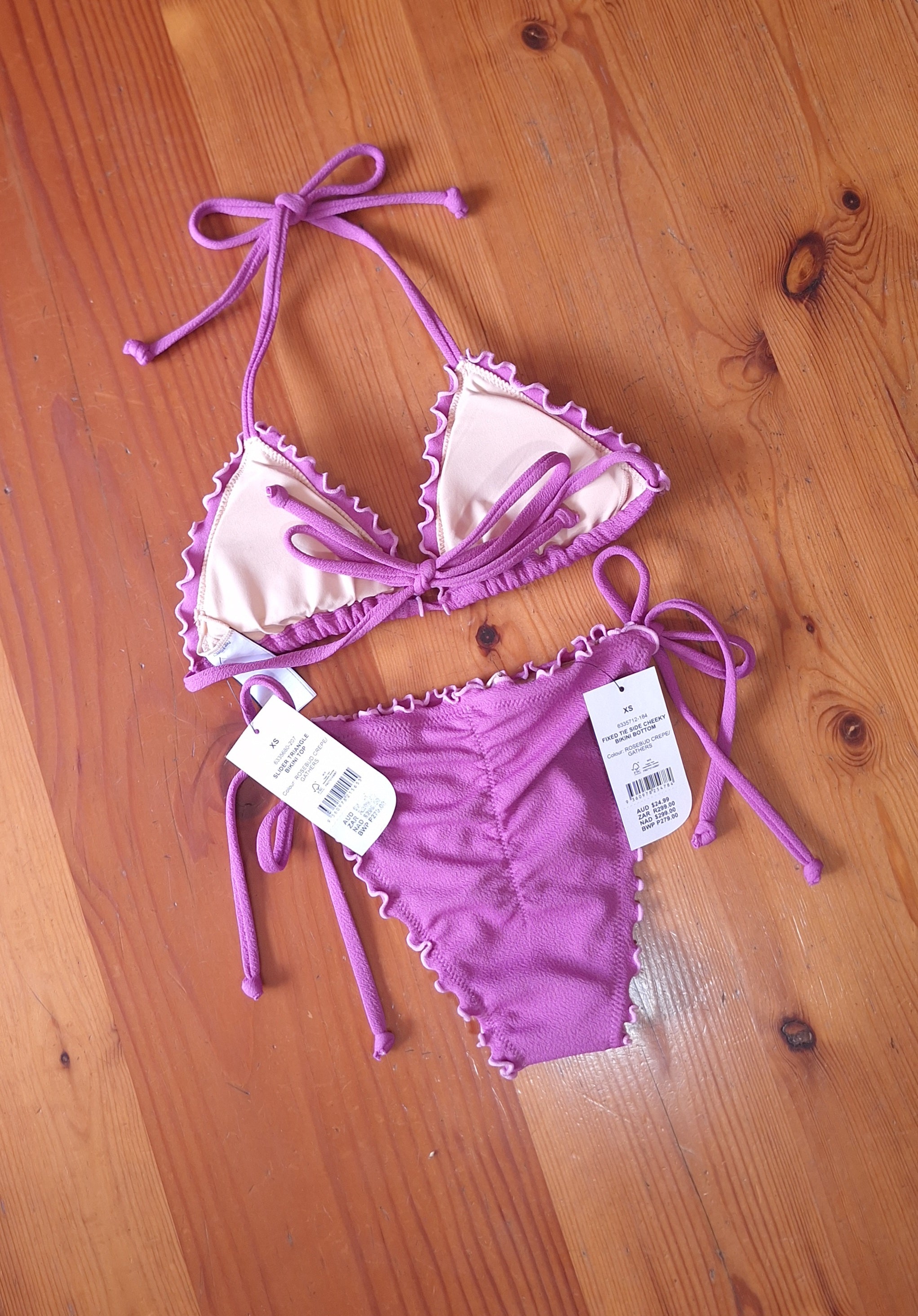 Cotton On Women's Bikini Set in RoseBud Crepe/Gathers Slider Triangle Bikini Top, Fixed Tie Side Cheeky Bikini Bottom