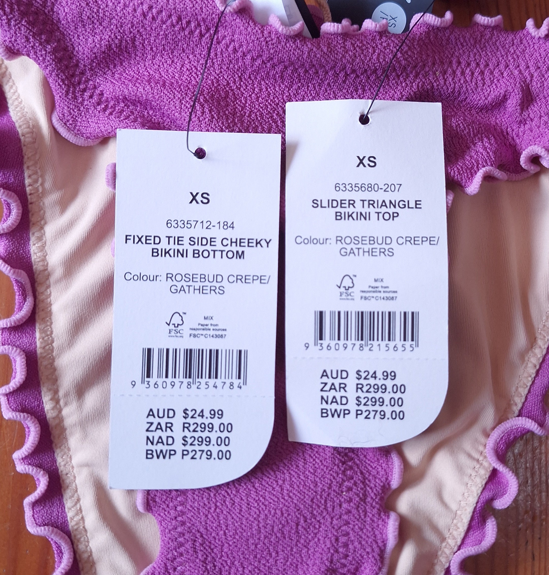 Cotton On Women's Bikini Set in RoseBud Crepe/Gathers Slider Triangle Bikini Top, Fixed Tie Side Cheeky Bikini Bottom