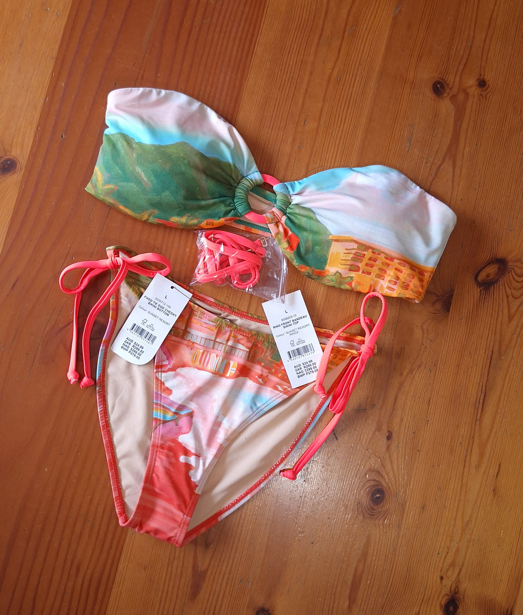 Cotton on Women's Bikini Set in SunSet Resort. Ring Front Bandeau Bikini Top ,Fixed Tie Side Cheeky Bikini Bottom