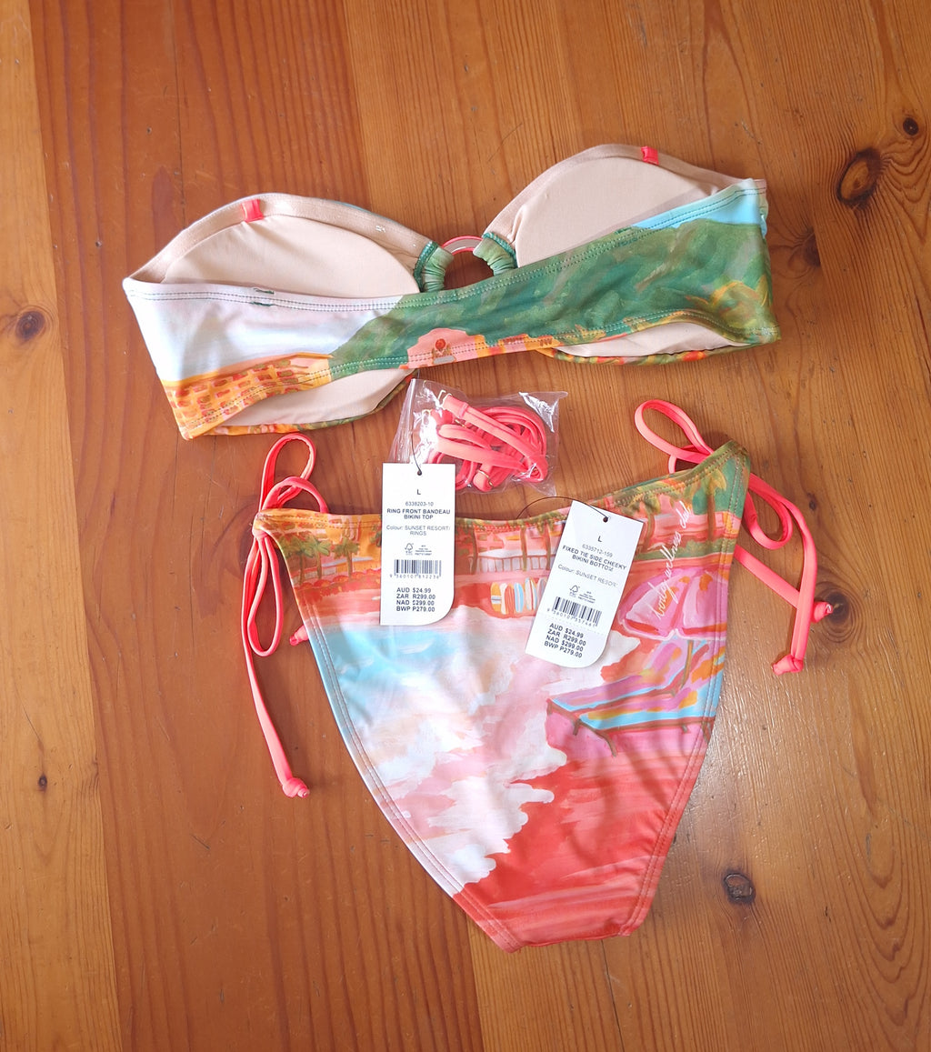 Cotton on Women's Bikini Set in SunSet Resort. Ring Front Bandeau Bikini Top ,Fixed Tie Side Cheeky Bikini Bottom