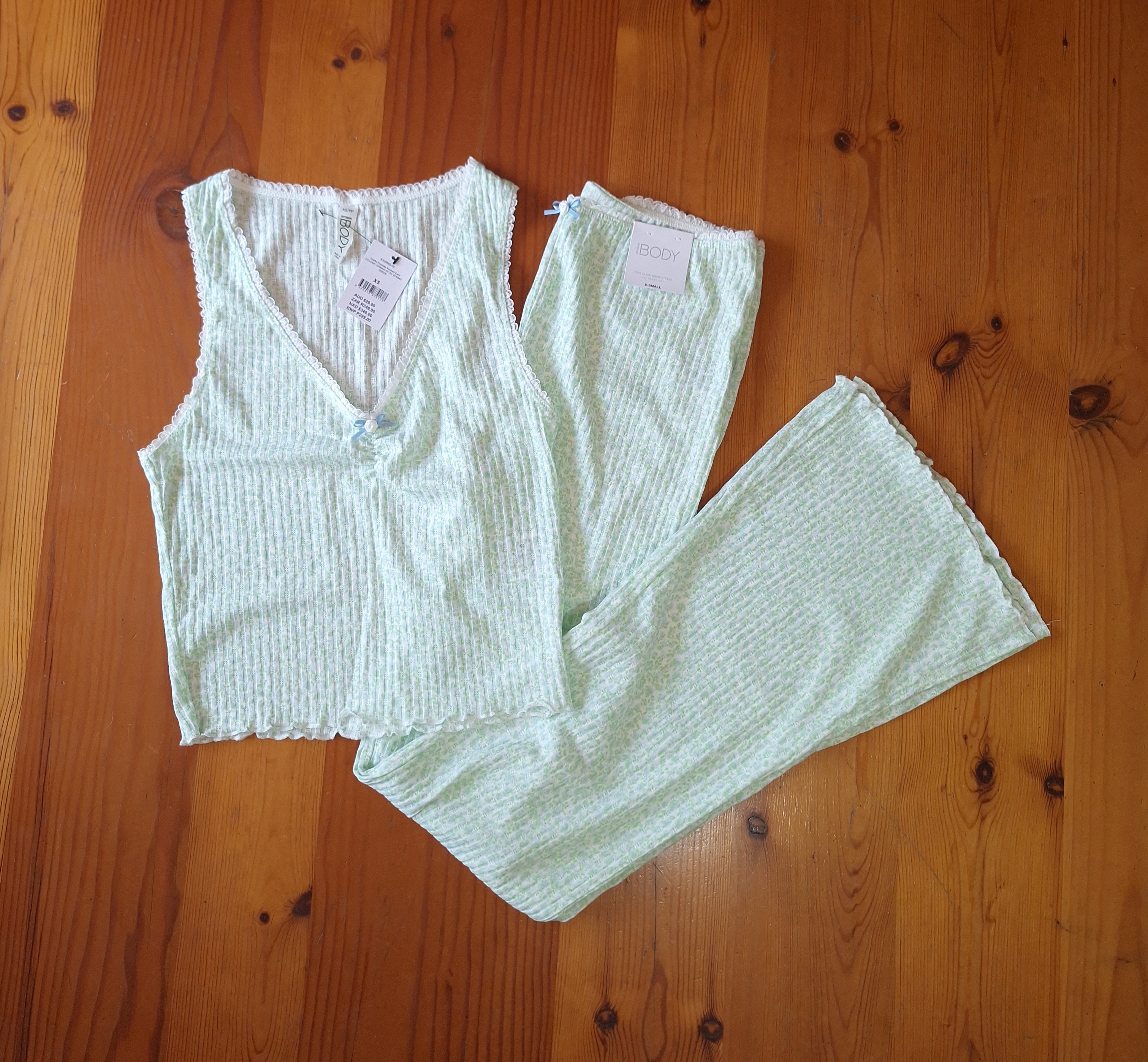 Cotton On  Women's Pajama Set. Waffle Pointelle Ruched Cami ,Waffle Pointelle Flare Bottoms