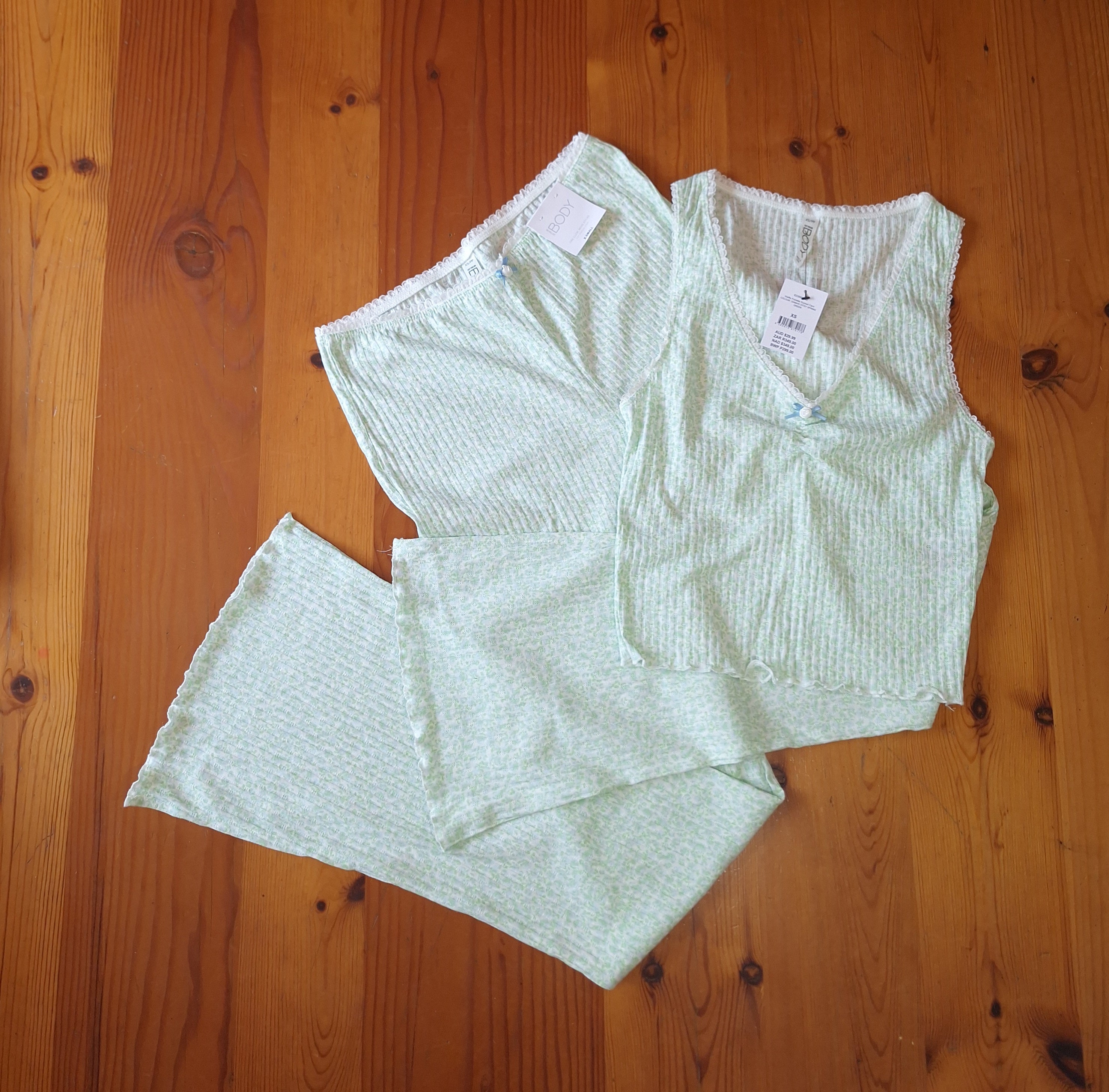 Cotton On  Women's Pajama Set. Waffle Pointelle Ruched Cami ,Waffle Pointelle Flare Bottoms