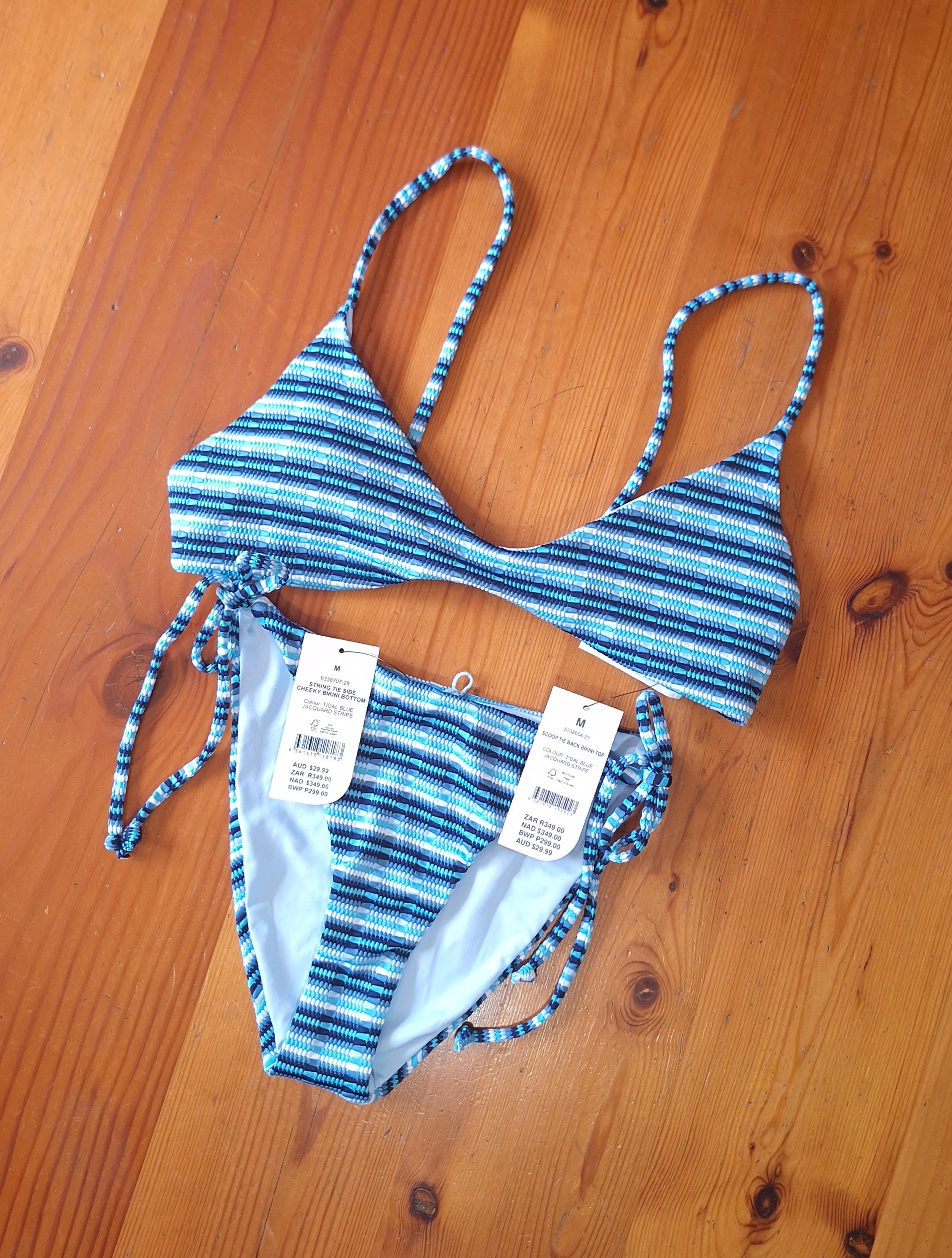 CottonOn Women's Bikini Tidal Blue Jacquard Stripe.Scoop Tie Back Bikini Top,String Tie Side Cheeky Bikini Bottom