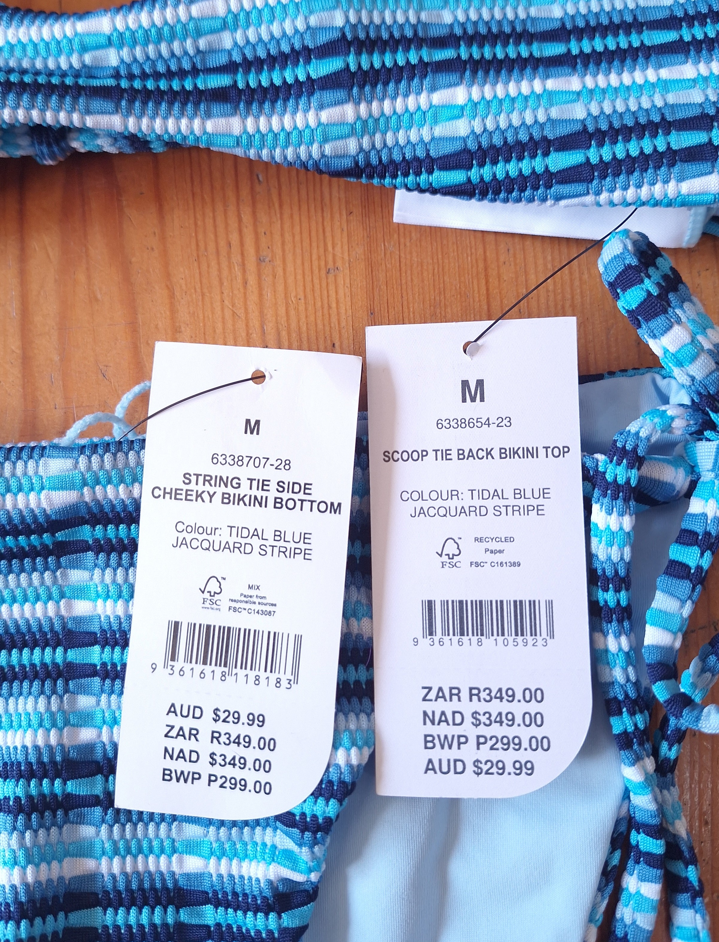CottonOn Women's Bikini Tidal Blue Jacquard Stripe.Scoop Tie Back Bikini Top,String Tie Side Cheeky Bikini Bottom