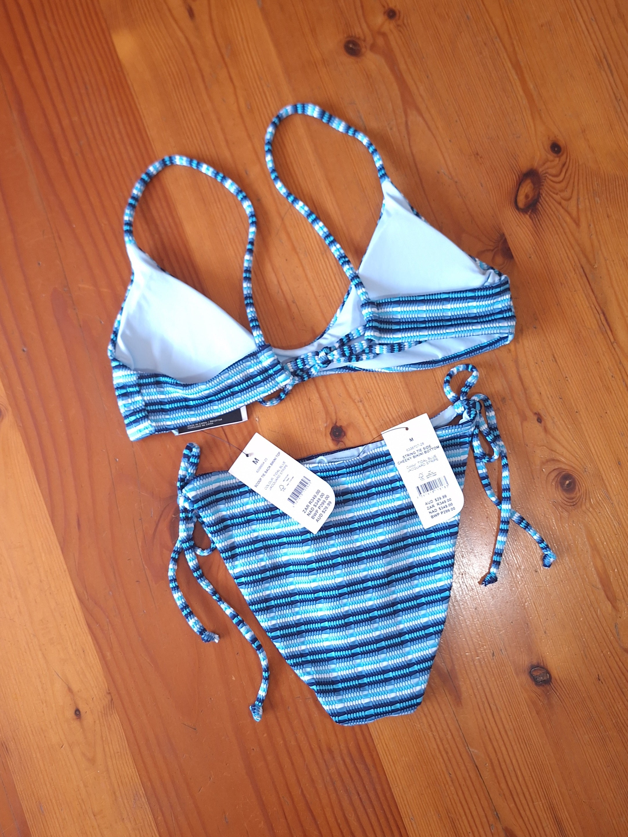 CottonOn Women's Bikini Tidal Blue Jacquard Stripe.Scoop Tie Back Bikini Top,String Tie Side Cheeky Bikini Bottom