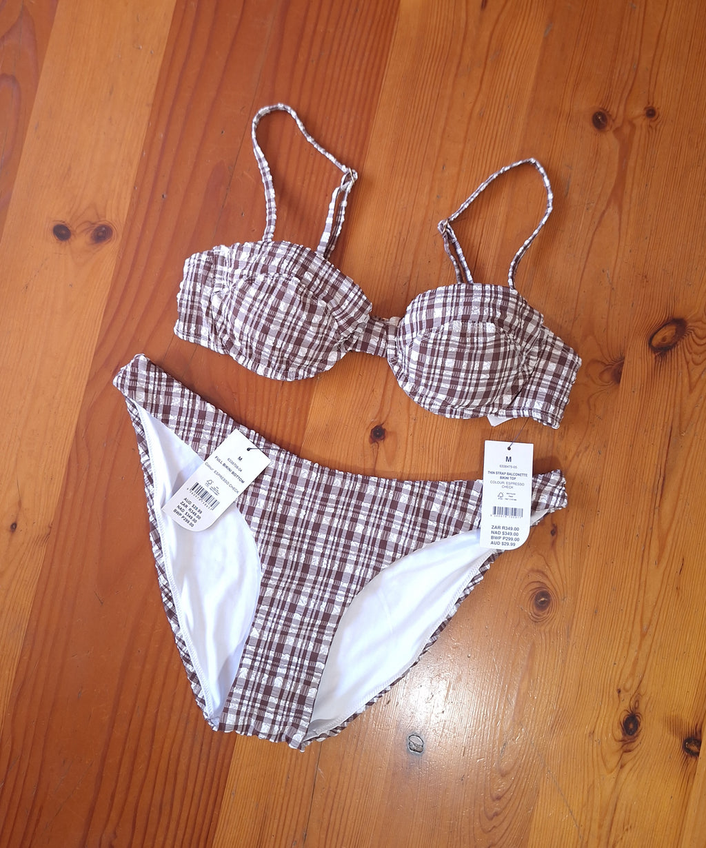 Cotton On Women's Bikini Set in Expresso Check. Thin Strap Balconette Bikini Top ,Full Bikini Bottom