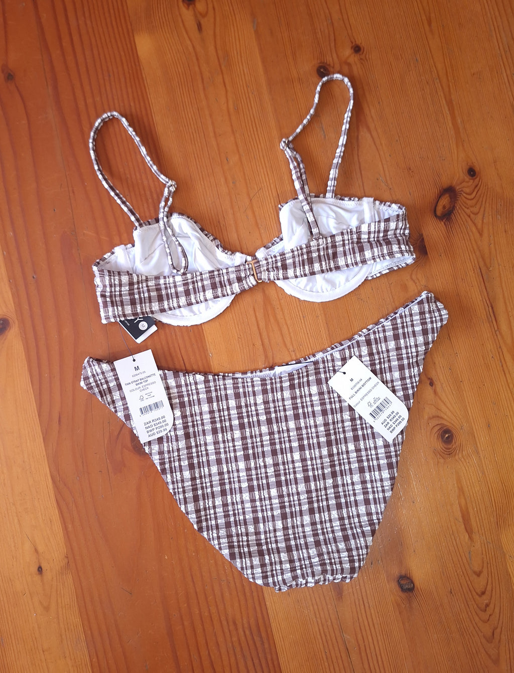 Cotton On Women's Bikini Set in Expresso Check. Thin Strap Balconette Bikini Top ,Full Bikini Bottom