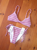 Cotton On Women's Bikini Set in Berry Jacquard Stripe. Scoop Tie Back Bikini Top, String Tie Side Cheeky Bikini Bottom