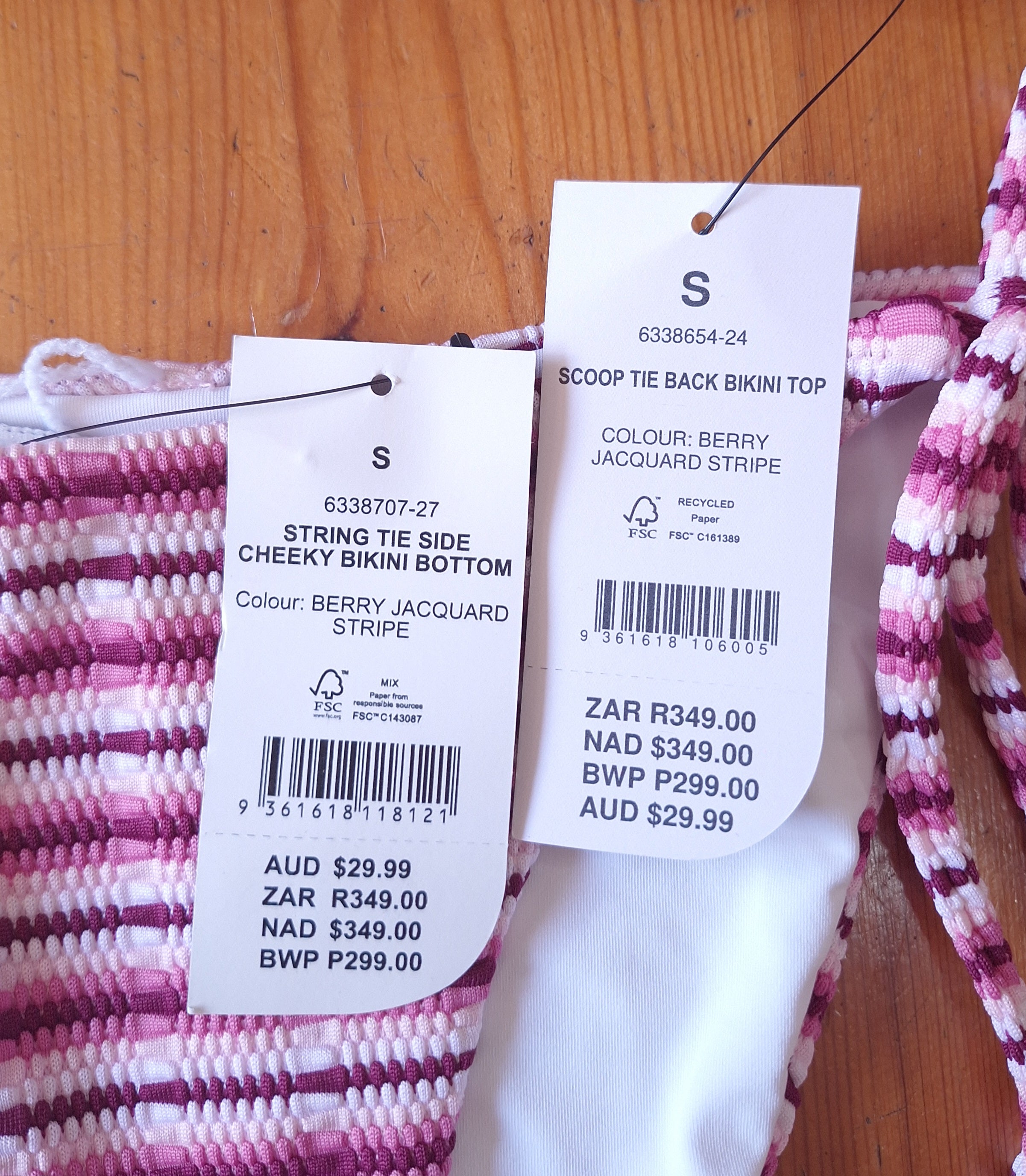 Cotton On Women's Bikini Set in Berry Jacquard Stripe. Scoop Tie Back Bikini Top, String Tie Side Cheeky Bikini Bottom