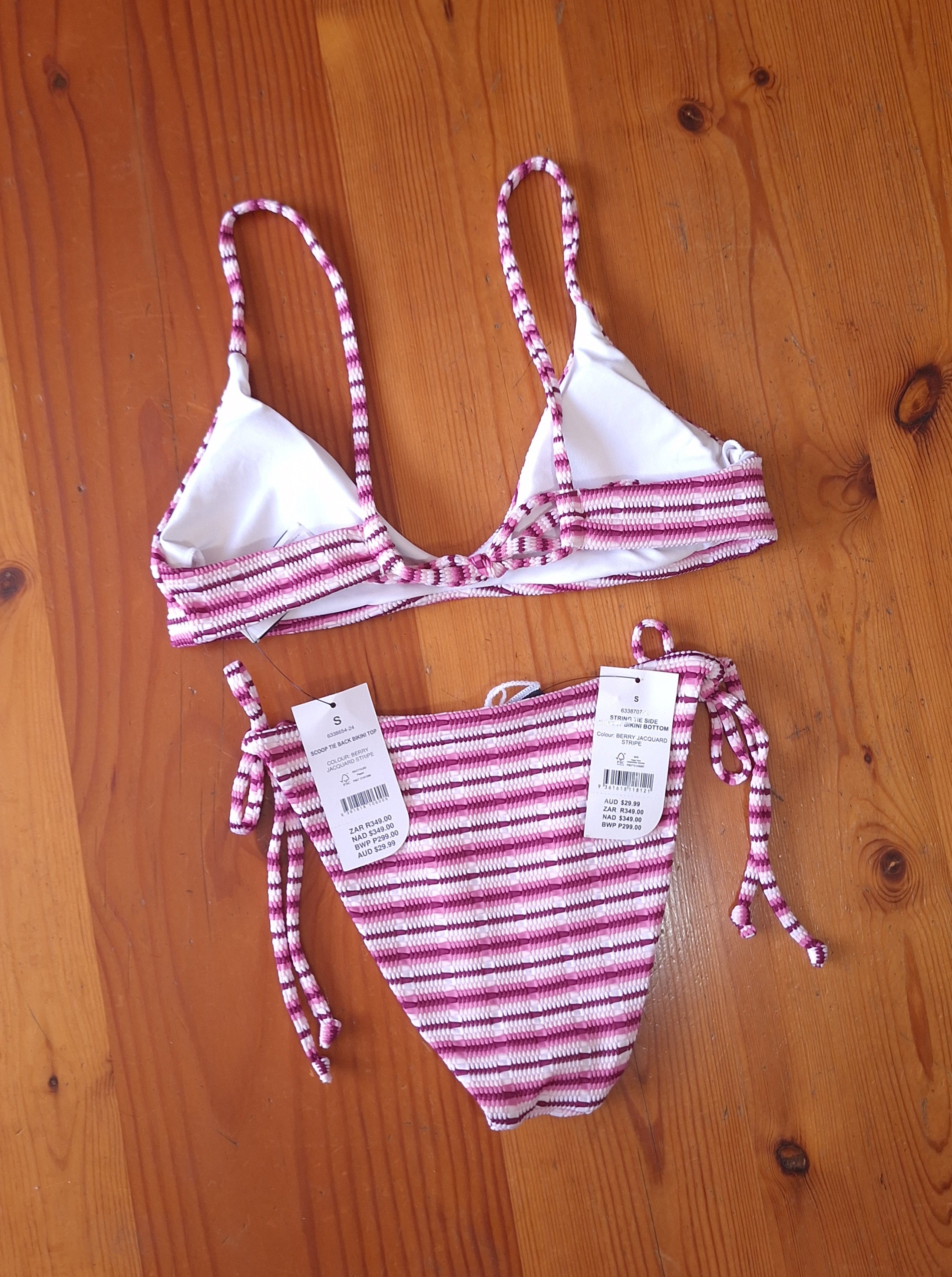 Cotton On Women's Bikini Set in Berry Jacquard Stripe. Scoop Tie Back Bikini Top, String Tie Side Cheeky Bikini Bottom