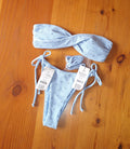 Cotton On Women's Bikini Set in Dutch Canal/Broderie.Twist Front Strapless Bandeau Bikini Top, String Tie Side Brazilian Bikini Bottom
