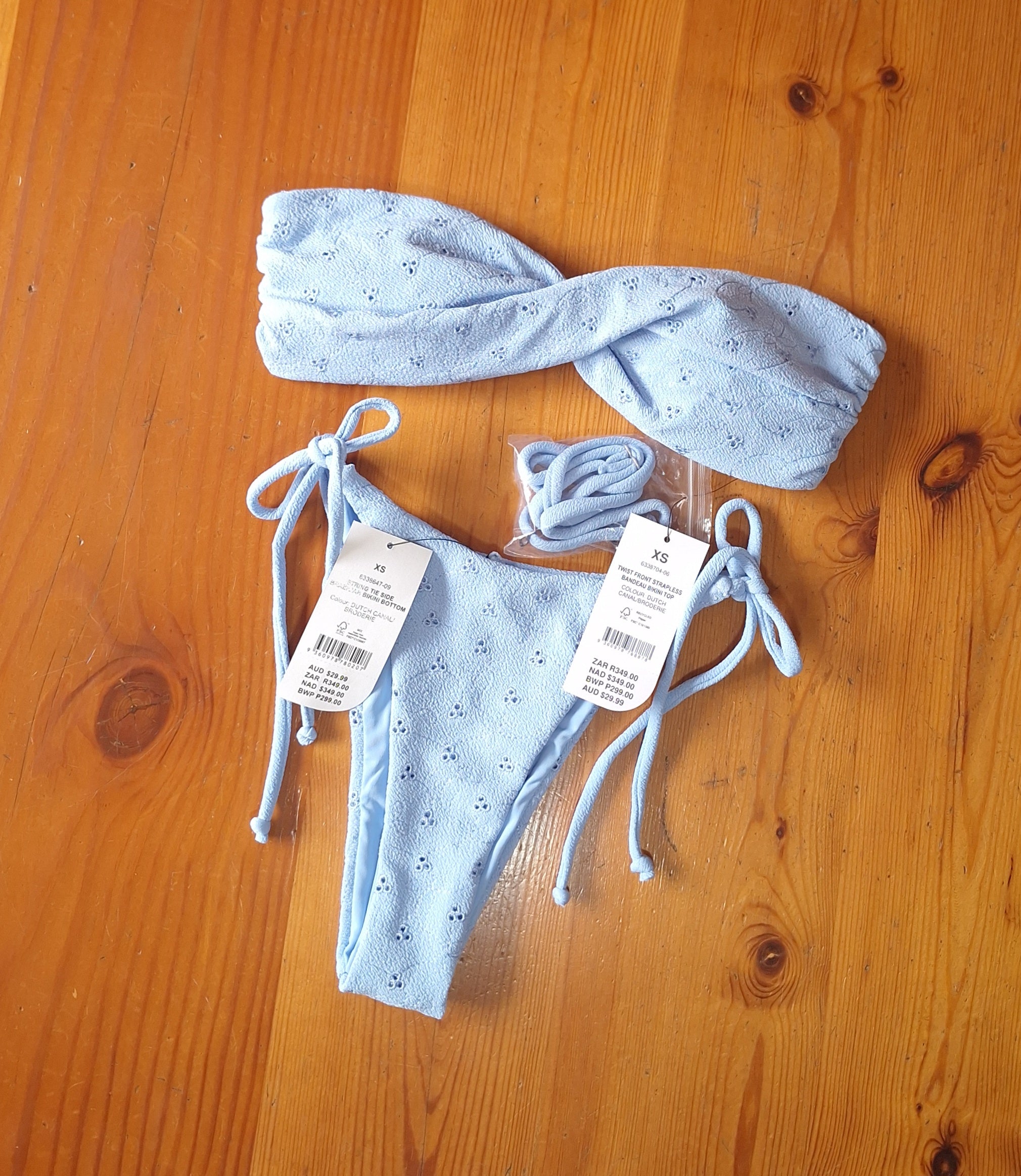 Cotton On Women's Bikini Set in Dutch Canal/Broderie.Twist Front Strapless Bandeau Bikini Top, String Tie Side Brazilian Bikini Bottom