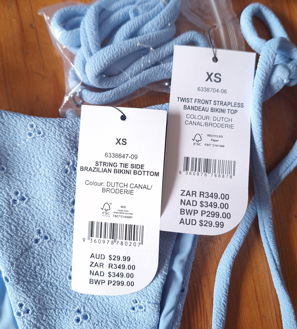 Cotton On Women's Bikini Set in Dutch Canal/Broderie.Twist Front Strapless Bandeau Bikini Top, String Tie Side Brazilian Bikini Bottom