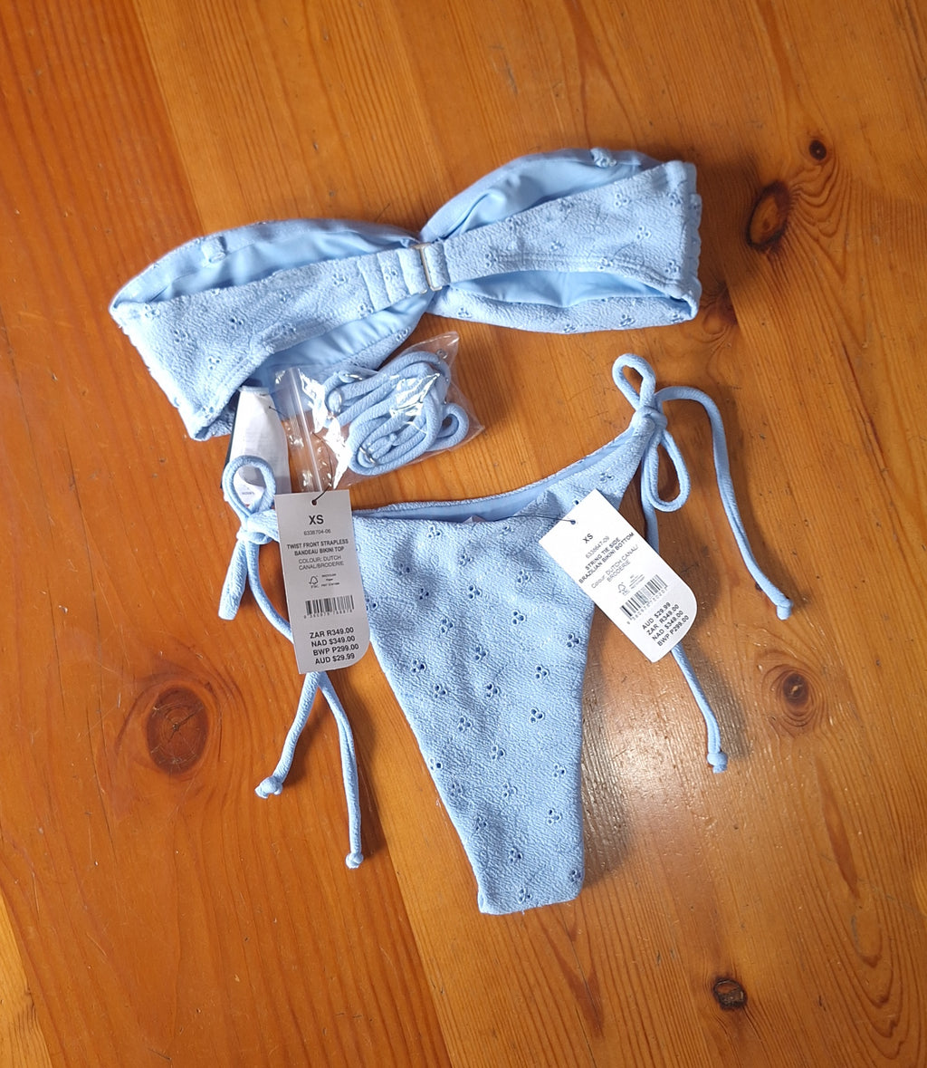 Cotton On Women's Bikini Set in Dutch Canal/Broderie.Twist Front Strapless Bandeau Bikini Top, String Tie Side Brazilian Bikini Bottom