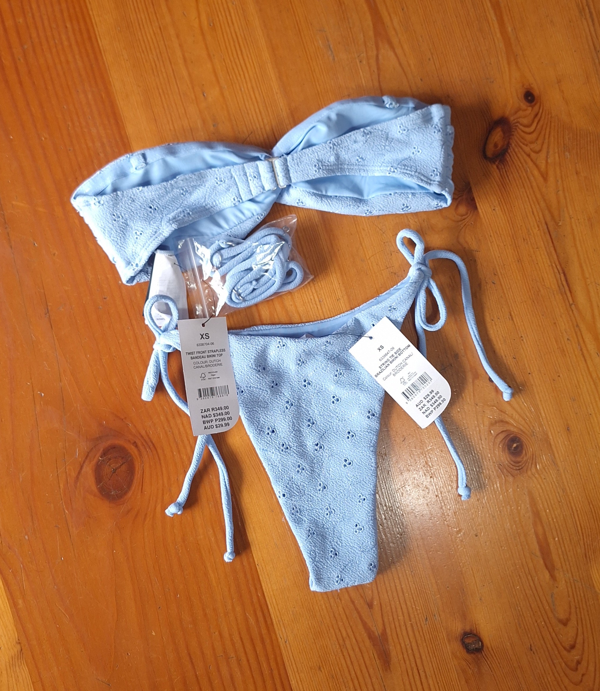 Cotton On Women's Bikini Set in Dutch Canal/Broderie.Twist Front Strapless Bandeau Bikini Top, String Tie Side Brazilian Bikini Bottom
