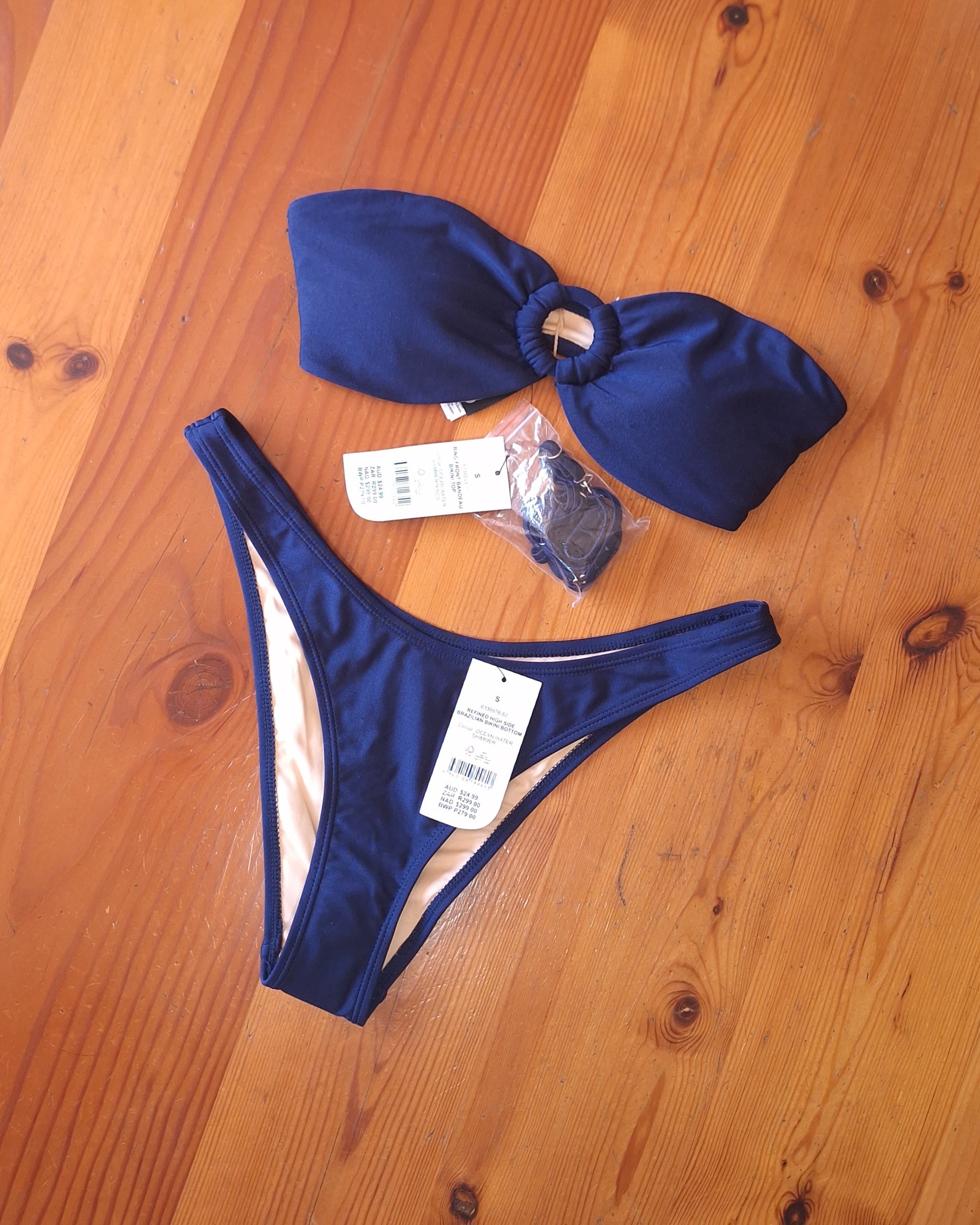 Cotton On Women's Bikini Set Ocean Water Shimmer.Ring Front Bandeau Bikini Top,Refined High Side Brazilian Bikini Bottom