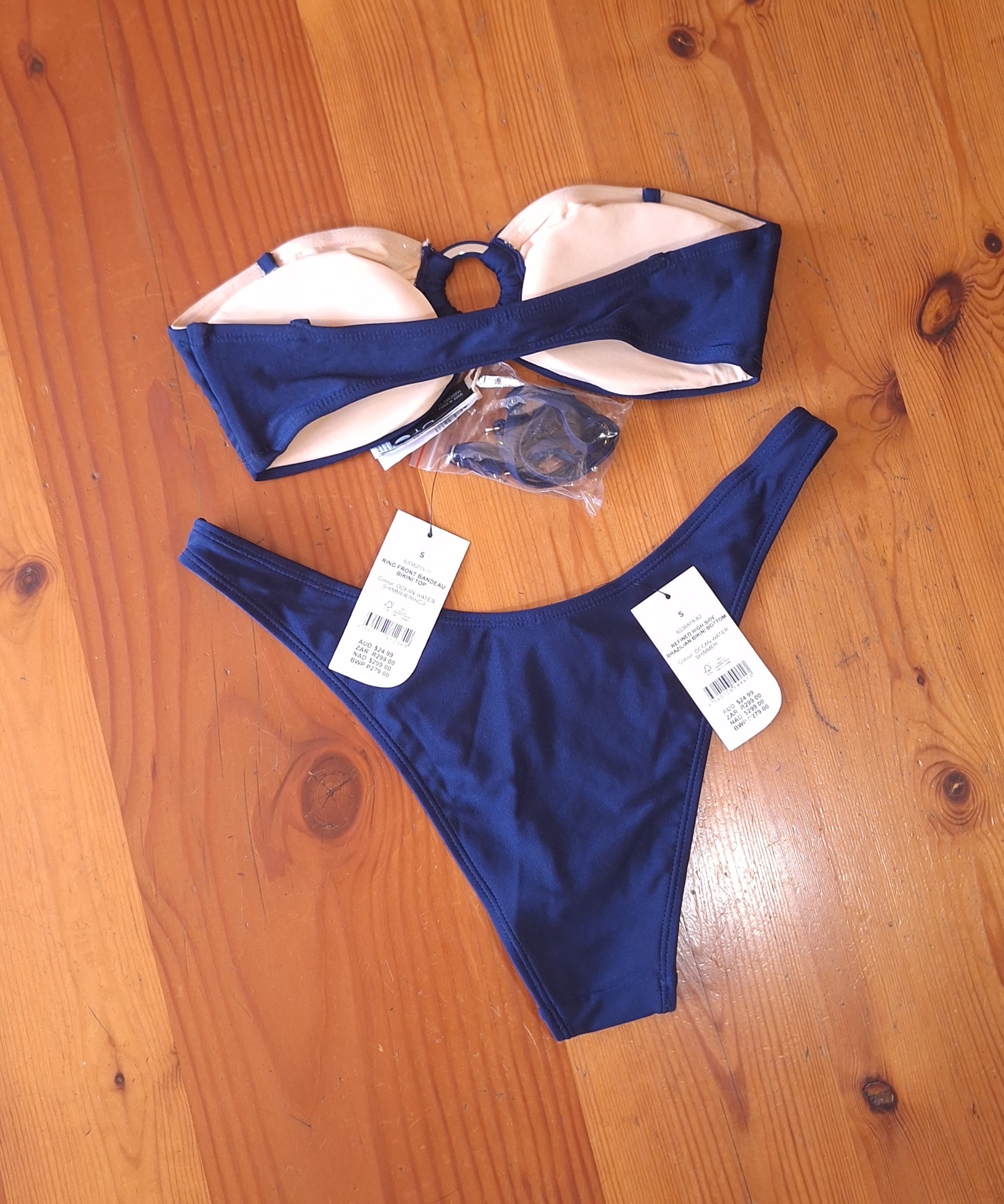 Cotton On Women's Bikini Set Ocean Water Shimmer.Ring Front Bandeau Bikini Top,Refined High Side Brazilian Bikini Bottom