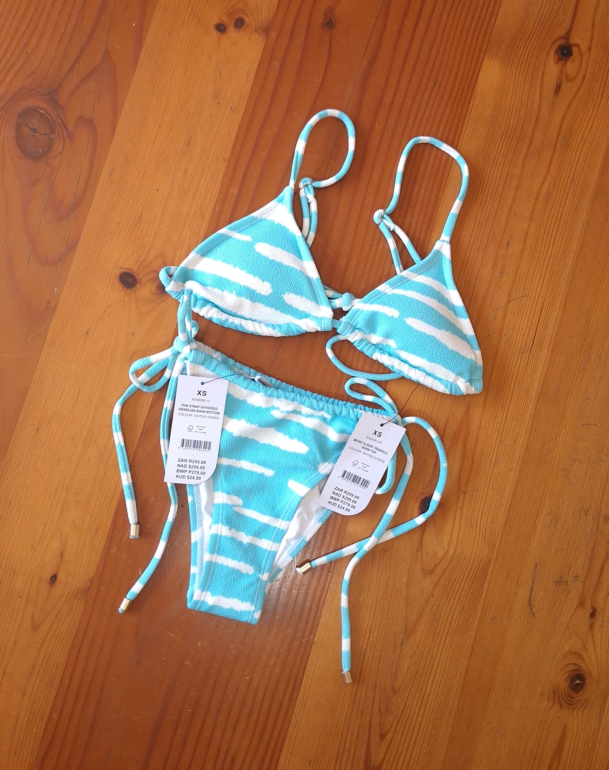 Cotton On Women's Bikini Set Water Stripe.Micro Slider Triangle Bikini Top,Thin Strap Gathered Brazilian Bikini Bottom