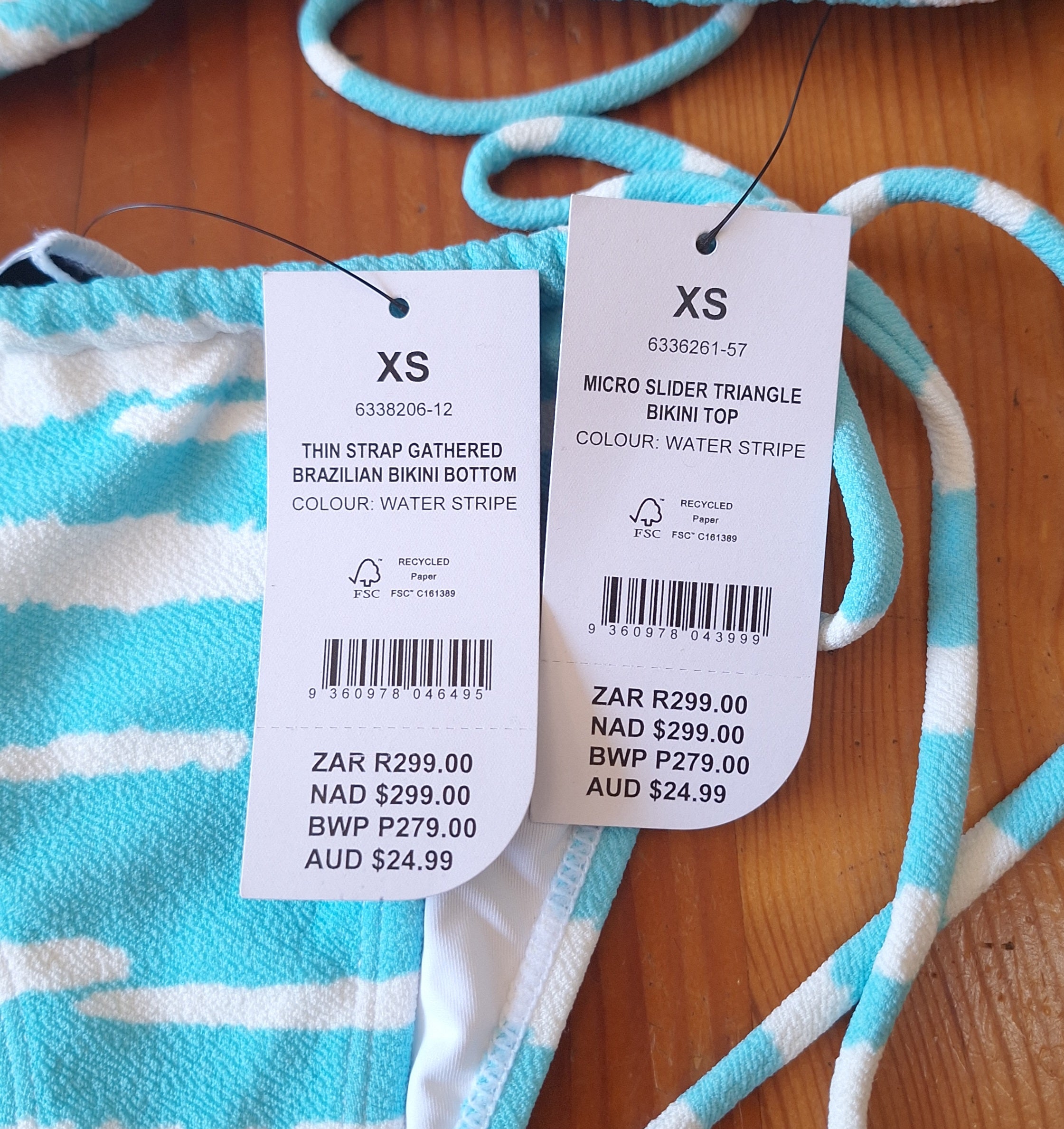 Cotton On Women's Bikini Set Water Stripe.Micro Slider Triangle Bikini Top,Thin Strap Gathered Brazilian Bikini Bottom