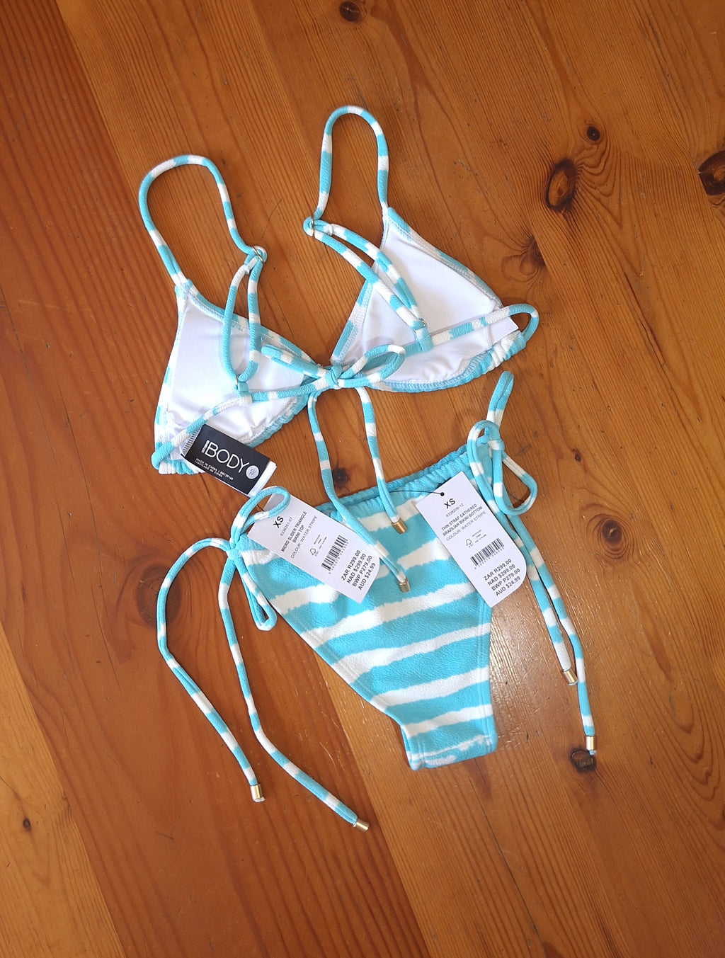 Cotton On Women's Bikini Set Water Stripe.Micro Slider Triangle Bikini Top,Thin Strap Gathered Brazilian Bikini Bottom