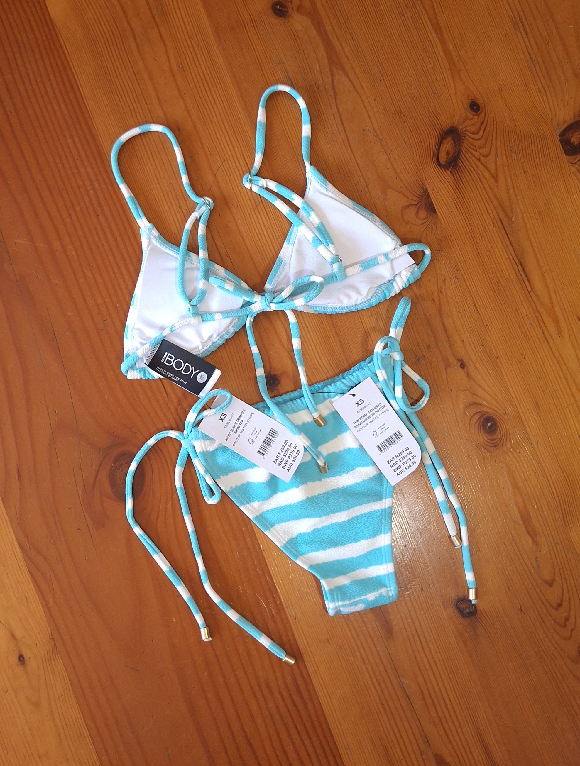 Cotton On Women's Bikini Set Water Stripe.Micro Slider Triangle Bikini Top,Thin Strap Gathered Brazilian Bikini Bottom