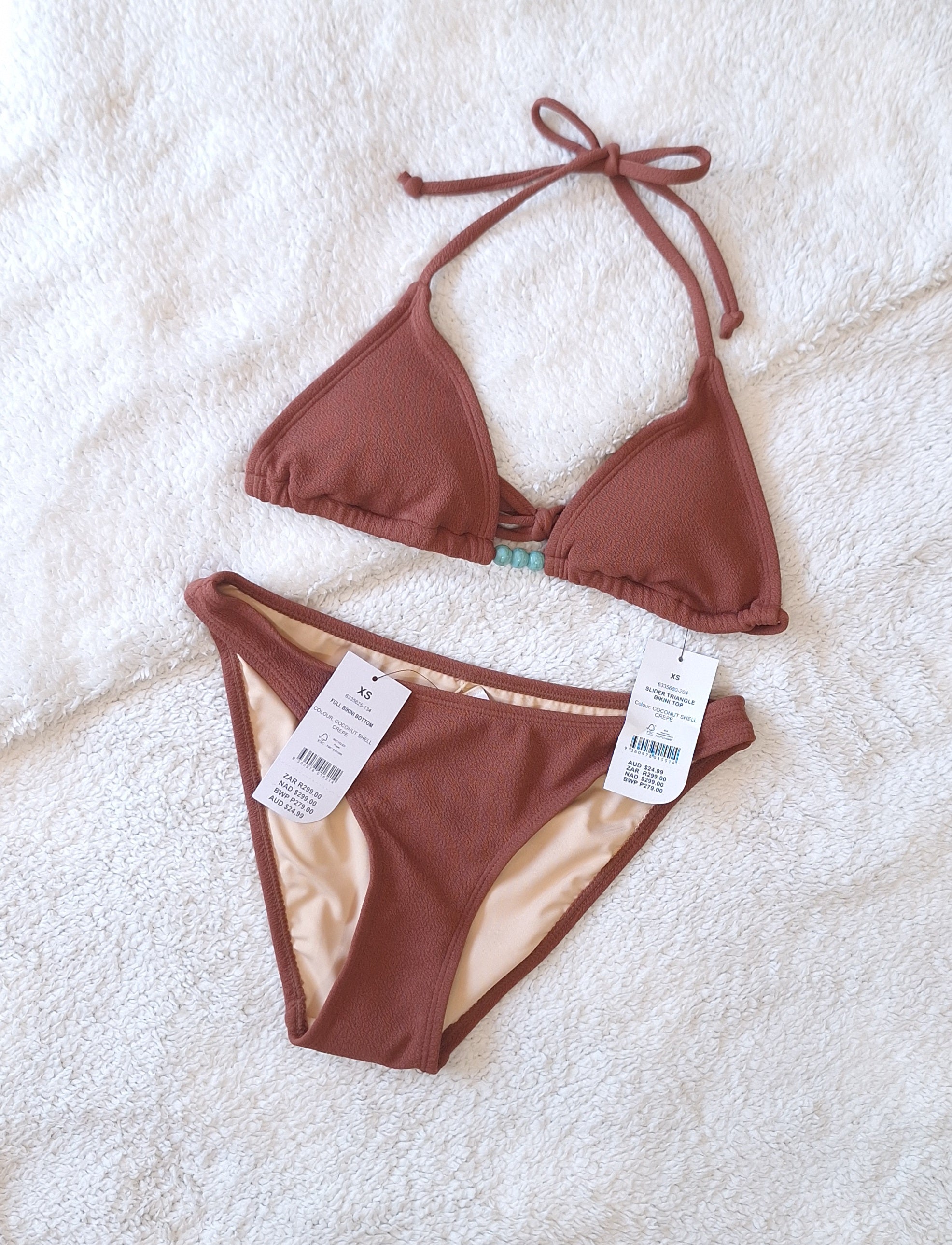Cotton On Women's Bikini Set. Slider triangle Top ,Full Bikini Bottom Coconut Shell Crepe
