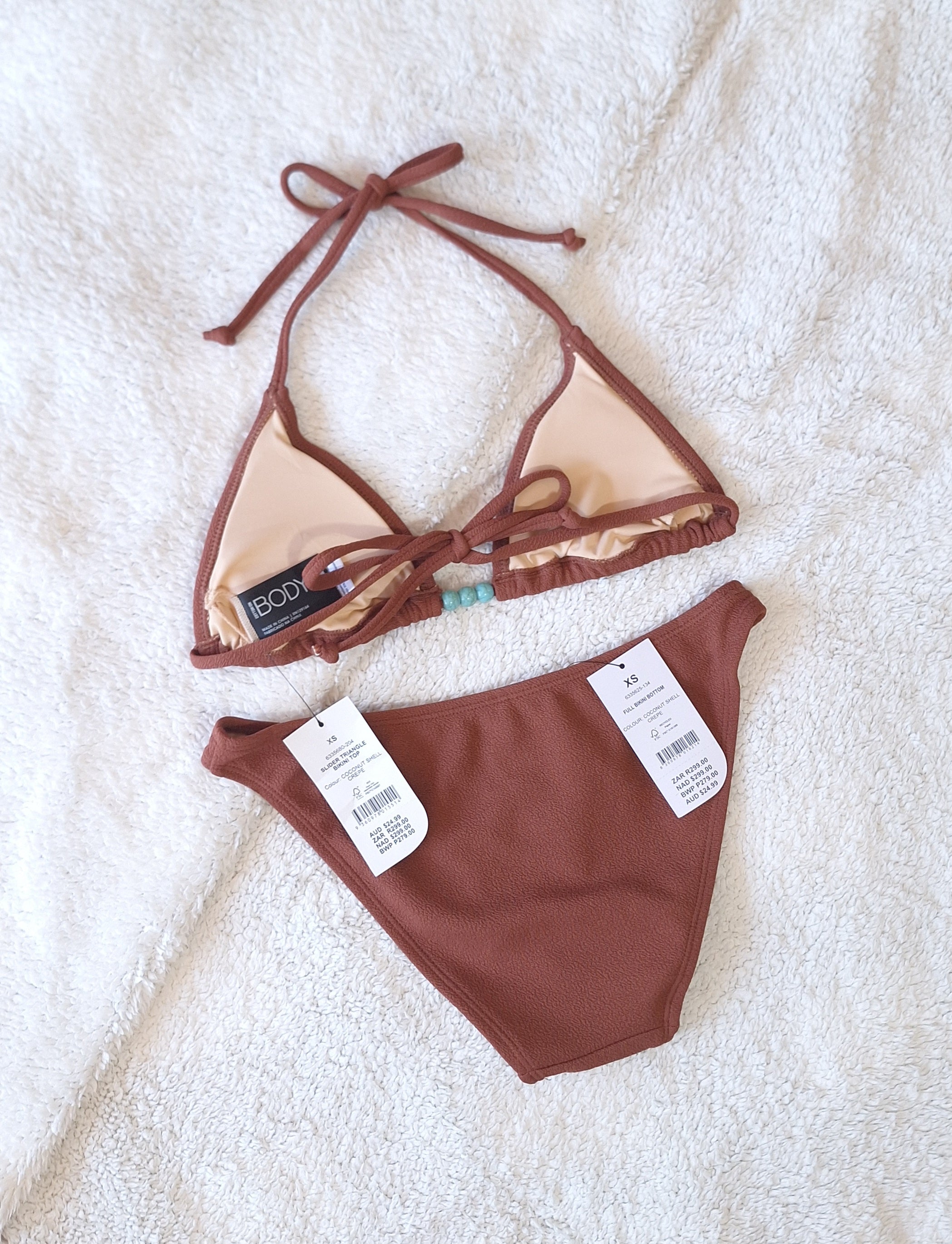 Cotton On Women's Bikini Set. Slider triangle Top ,Full Bikini Bottom Coconut Shell Crepe