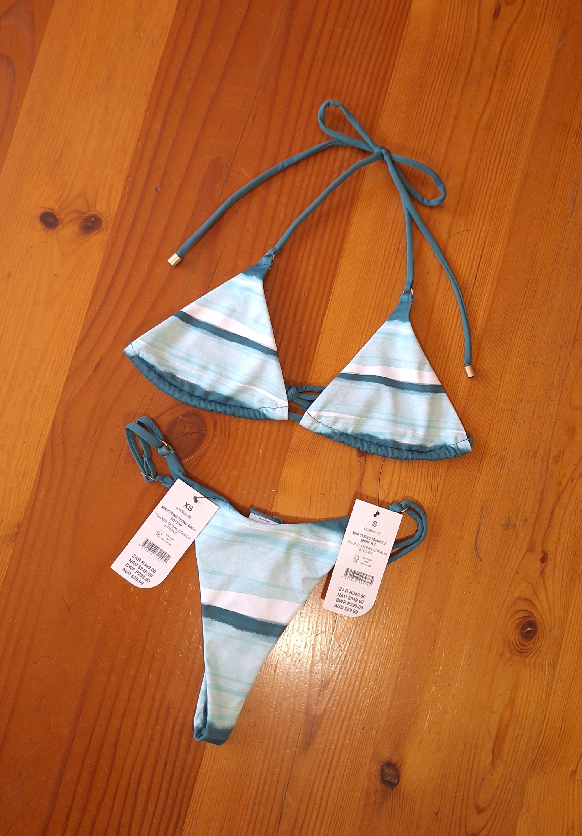 Cotton On Women's Bikini Set Ocean Coralia Stripes. Mini String Triangle Bikini Top, Mini String Thong Bikini Bottom