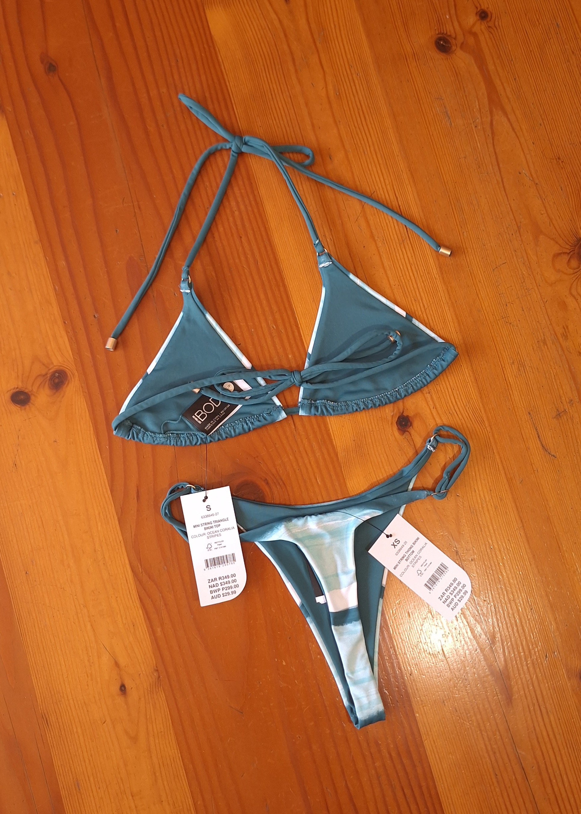 Cotton On Women's Bikini Set Ocean Coralia Stripes. Mini String Triangle Bikini Top, Mini String Thong Bikini Bottom