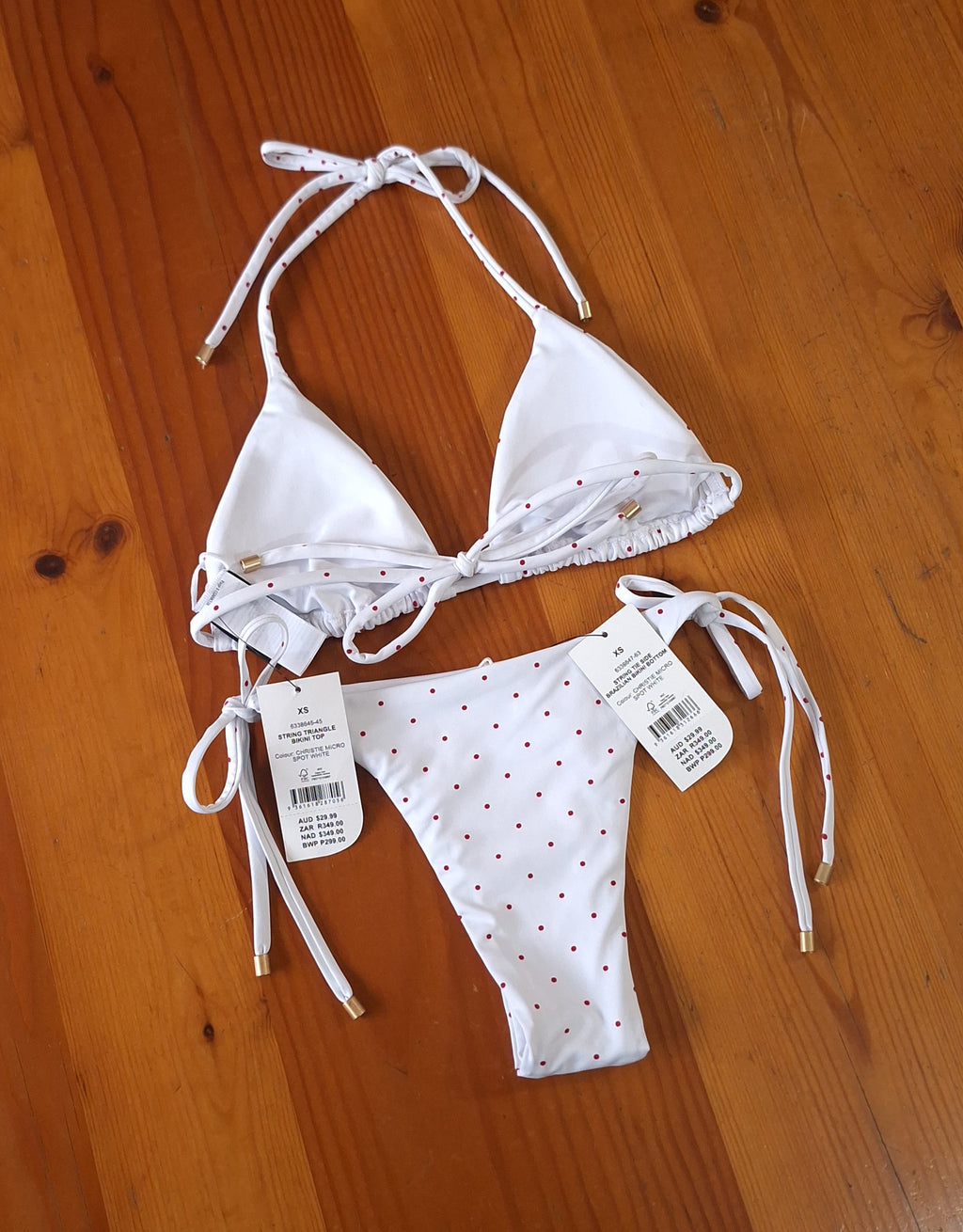 Cotton On Women's Bikini Set Christie Micro Spot White. String Triangle Bikini Top, String Tie Side Brazilian Bikini Bottom