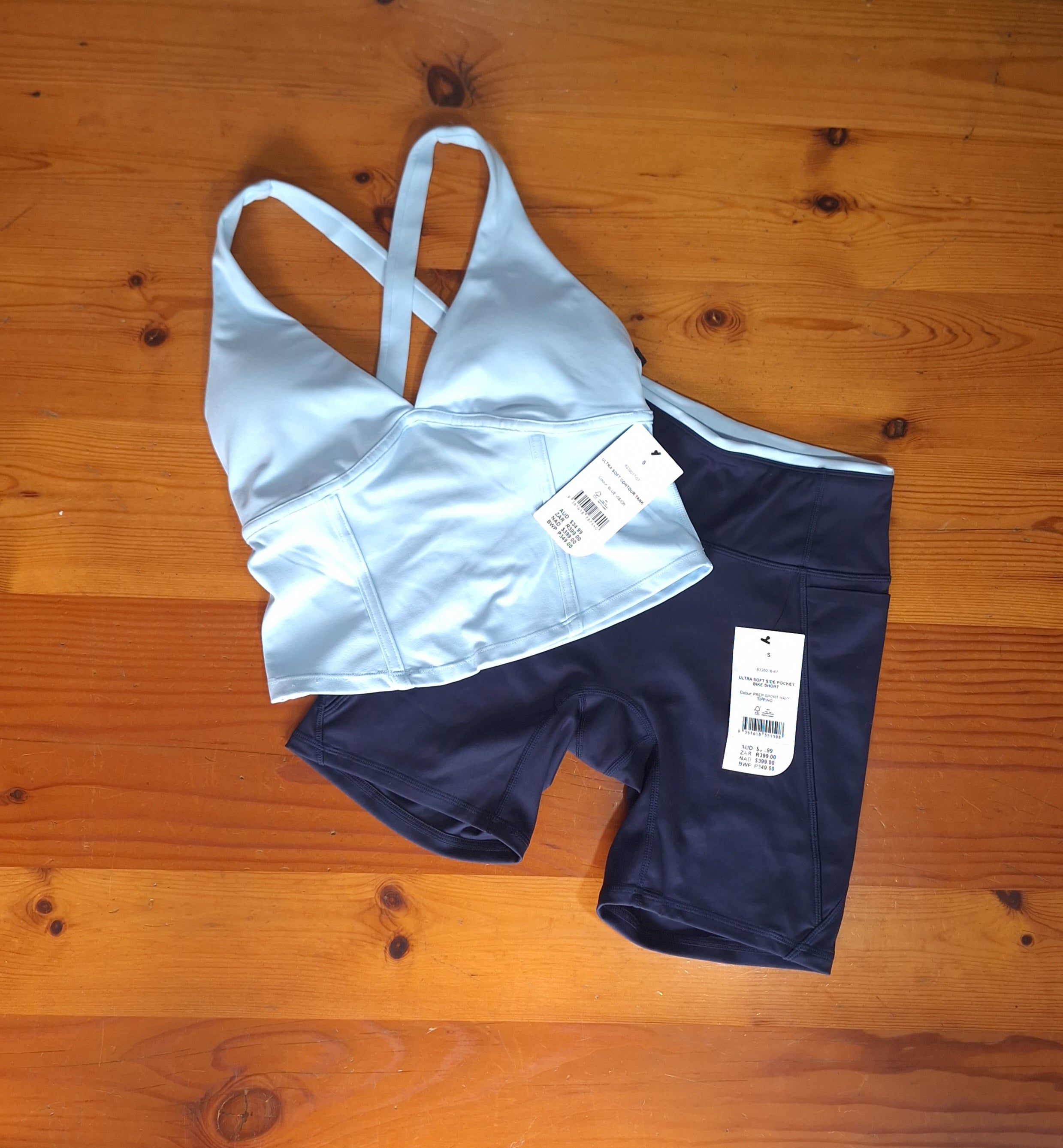 Cotton On women's Ultra Soft Contour Tank, Blue Vision. Ultra Soft Side Pocket Bike Short, Prep Sport Navy / Tipping