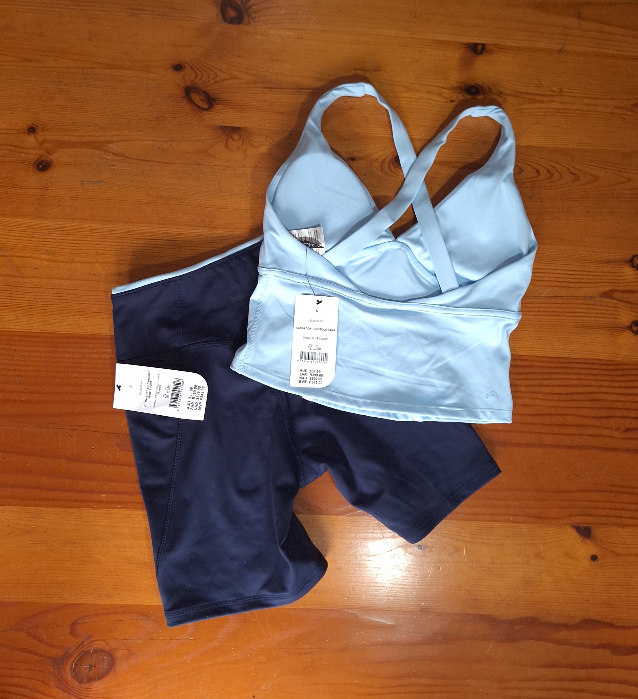 Cotton On women's Ultra Soft Contour Tank, Blue Vision. Ultra Soft Side Pocket Bike Short, Prep Sport Navy / Tipping