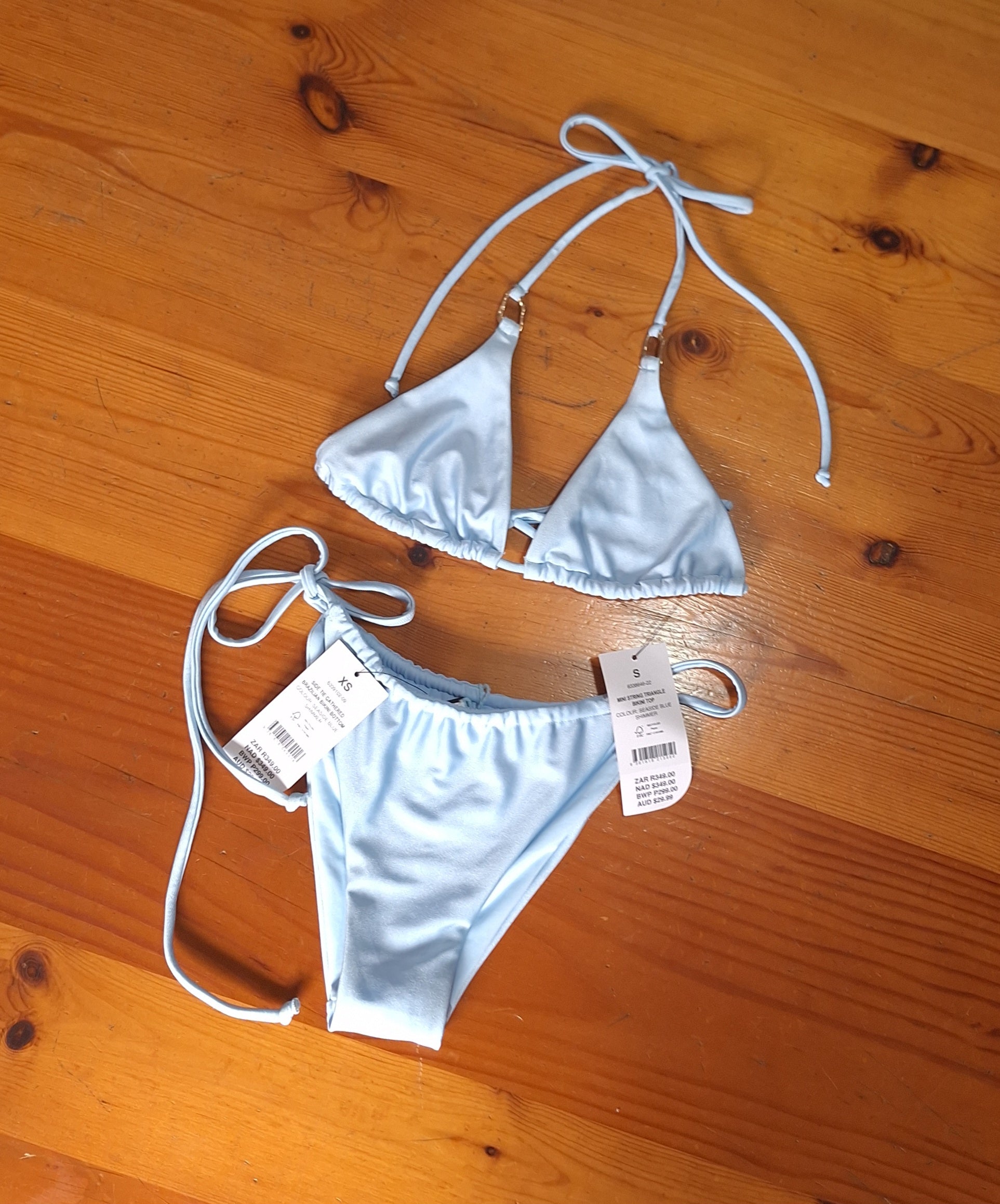 Cotton On Women's Bikini Set SeaSide Blue Shimmer. Mini String Triangle Bikini Top, Side Tie Gathered Brazilian Bikini Bottom
