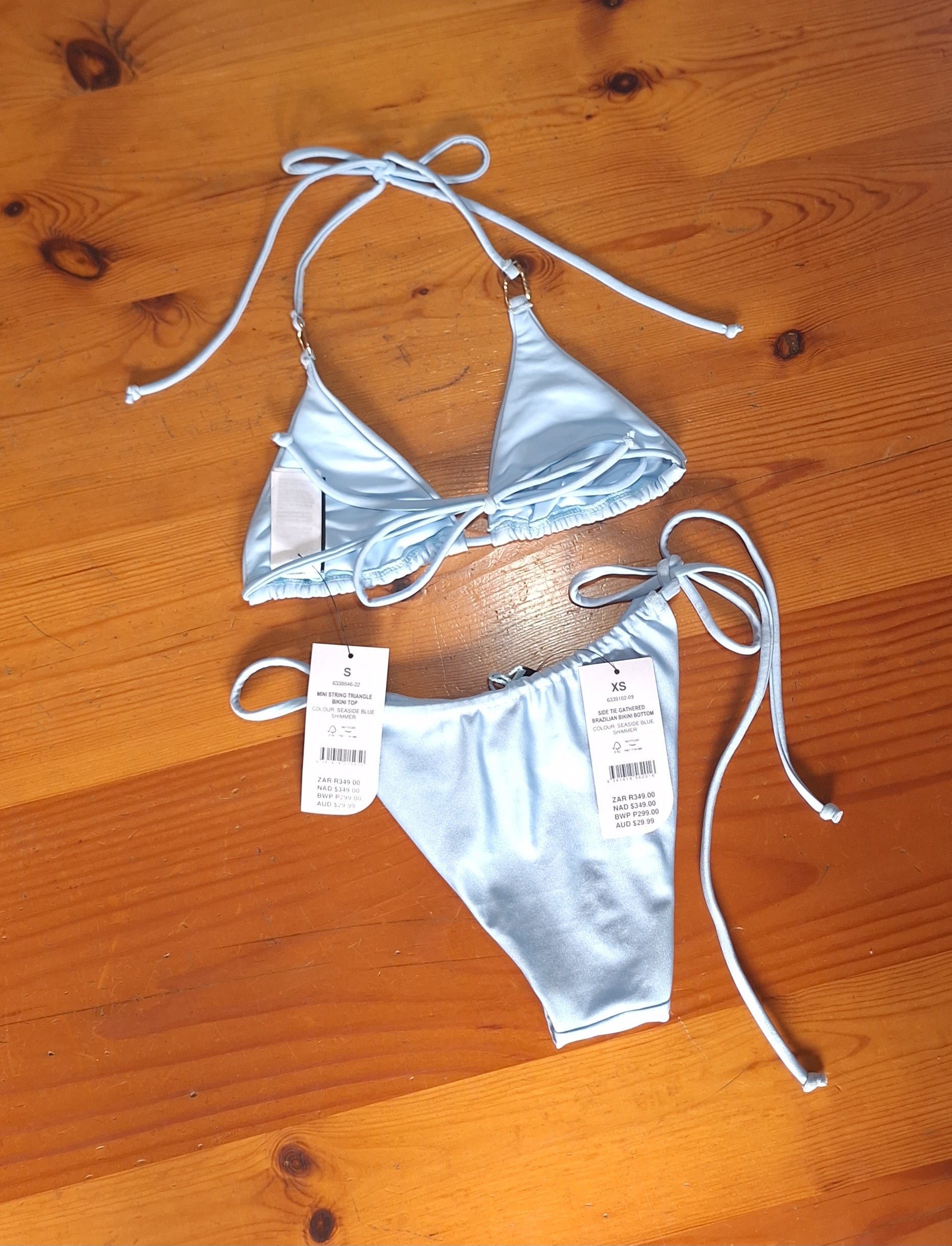 Cotton On Women's Bikini Set SeaSide Blue Shimmer. Mini String Triangle Bikini Top, Side Tie Gathered Brazilian Bikini Bottom
