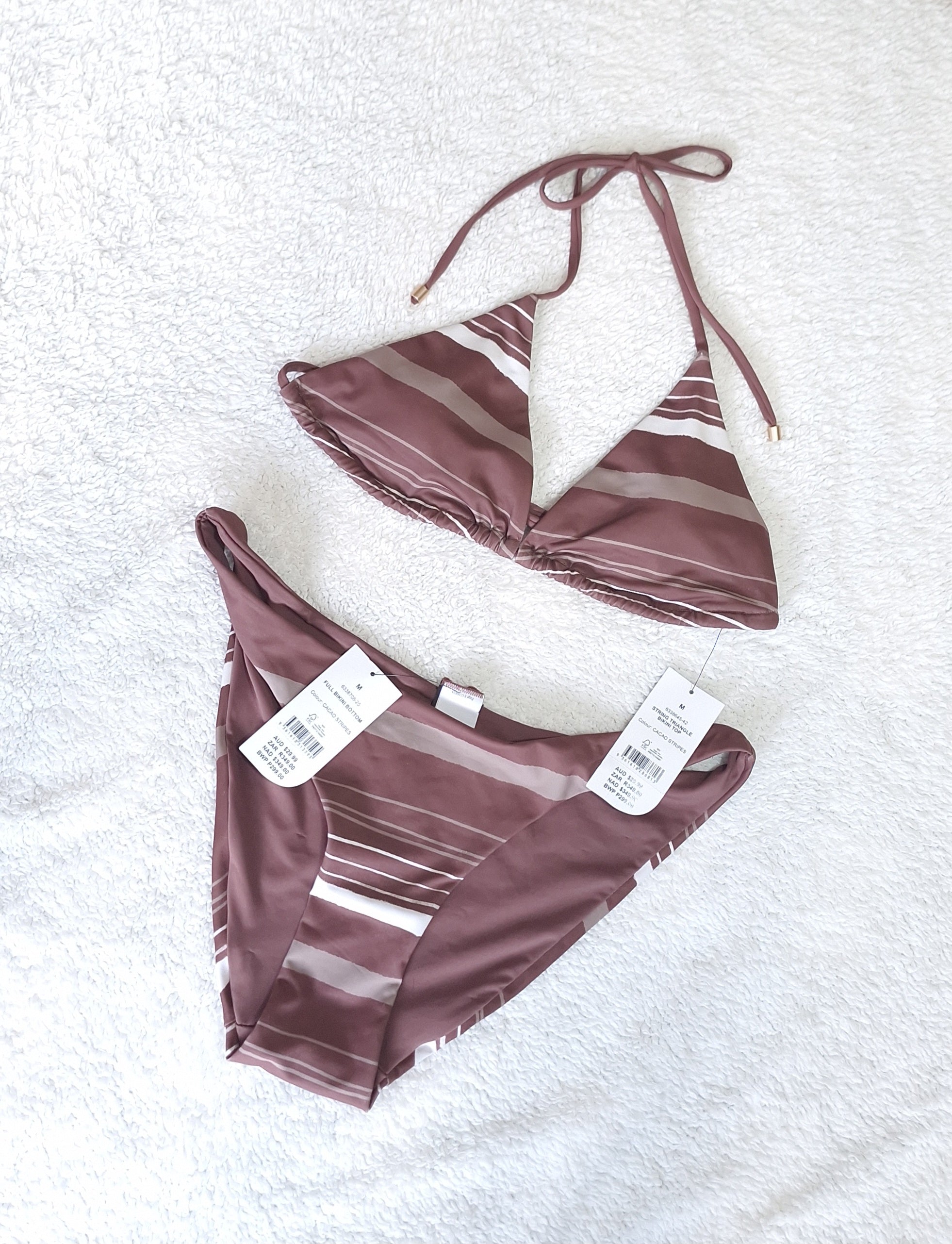 Cotton On Women's Bikini Set Cacao Stripes. String Triangle Bikini Top, Full Bikini Bottom