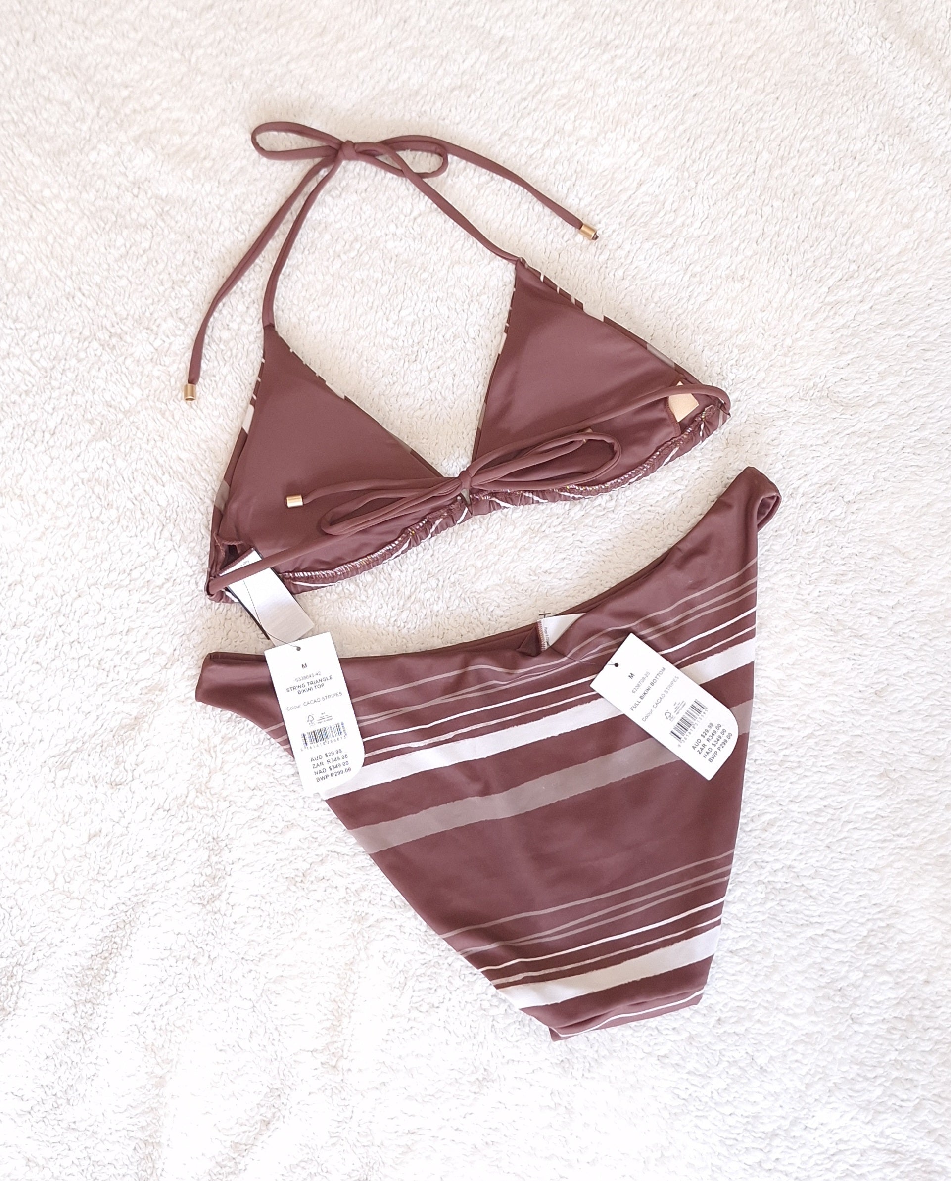 Cotton On Women's Bikini Set Cacao Stripes. String Triangle Bikini Top, Full Bikini Bottom