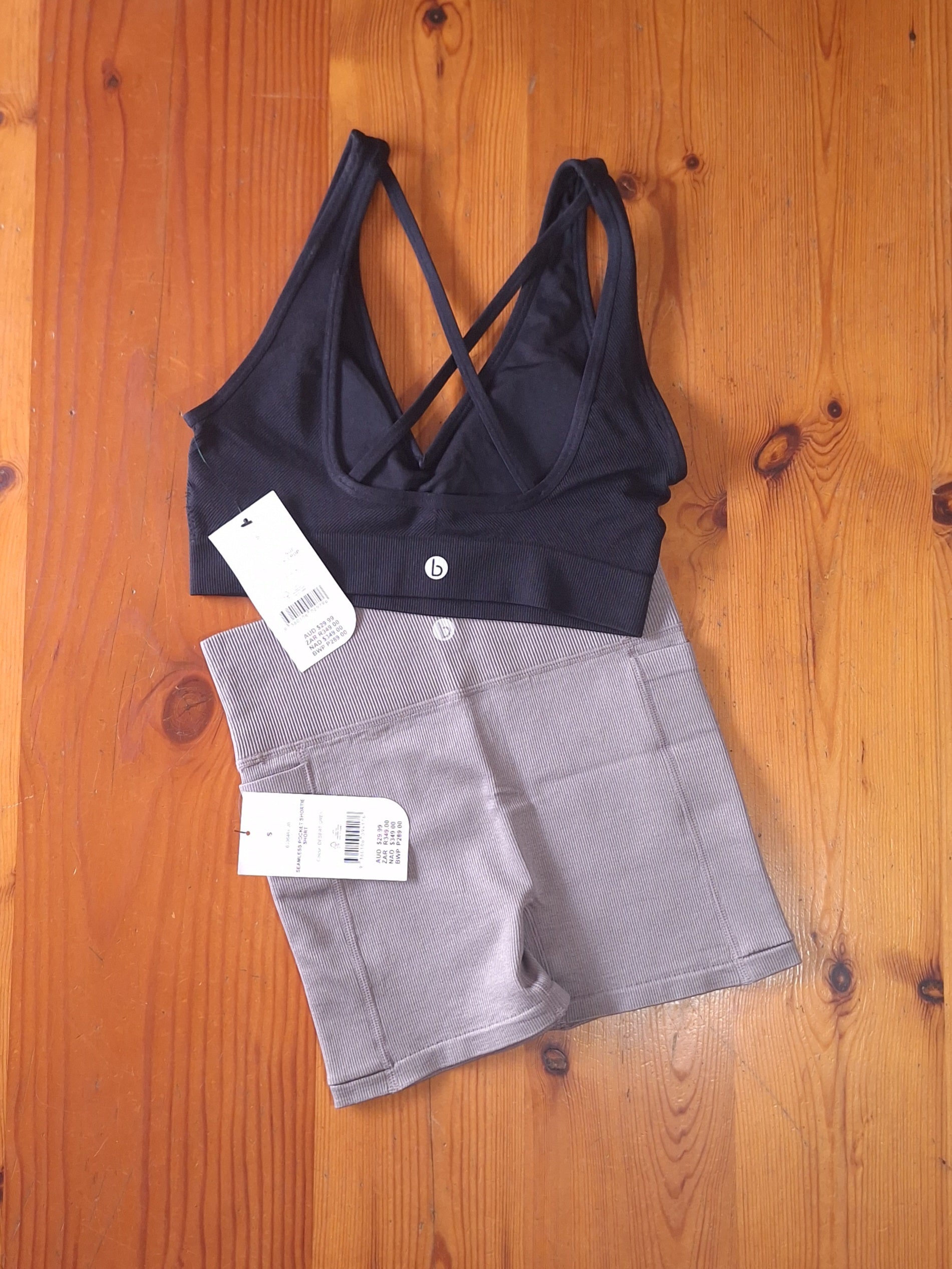 Cotton On Womens Gym Set:Seamless Plunge Strappy Back Crop and Seamless Pocket Shortie Short