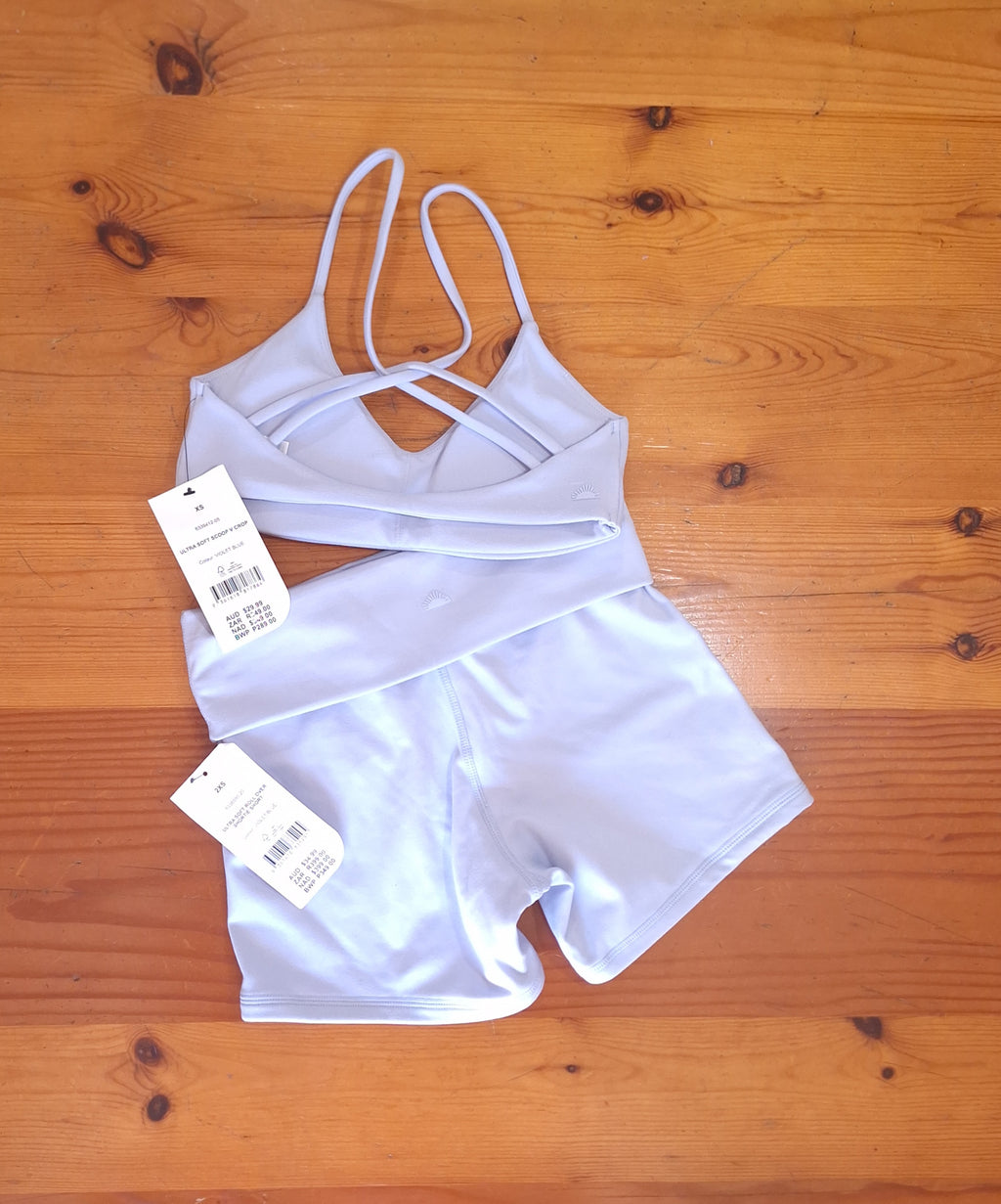 Cotton On Womens Gym Set:Ultra Soft Scoop V Crop and Ultra Soft Roll Over Shortie Short
