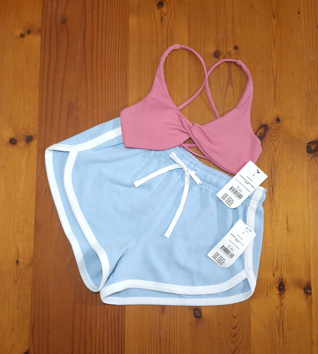 Cotton On Womens Gym Set:Ultra Soft Twist Front Crop and Summer Fleece Volley Short