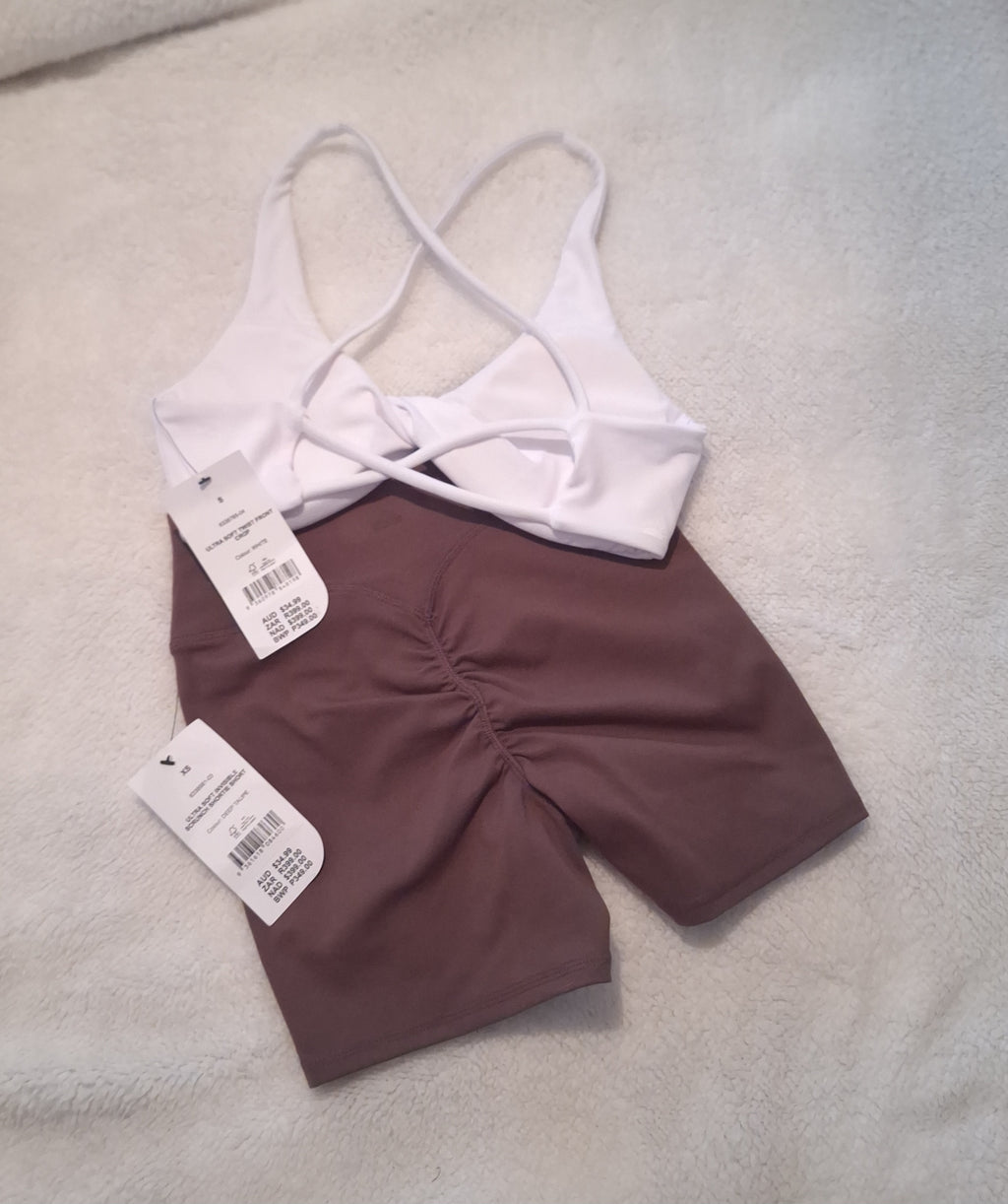 Cotton On Womens Gym Set Ultra Soft Twist Front Crop and Ultra Soft Invisible Scrunch Shortie Short