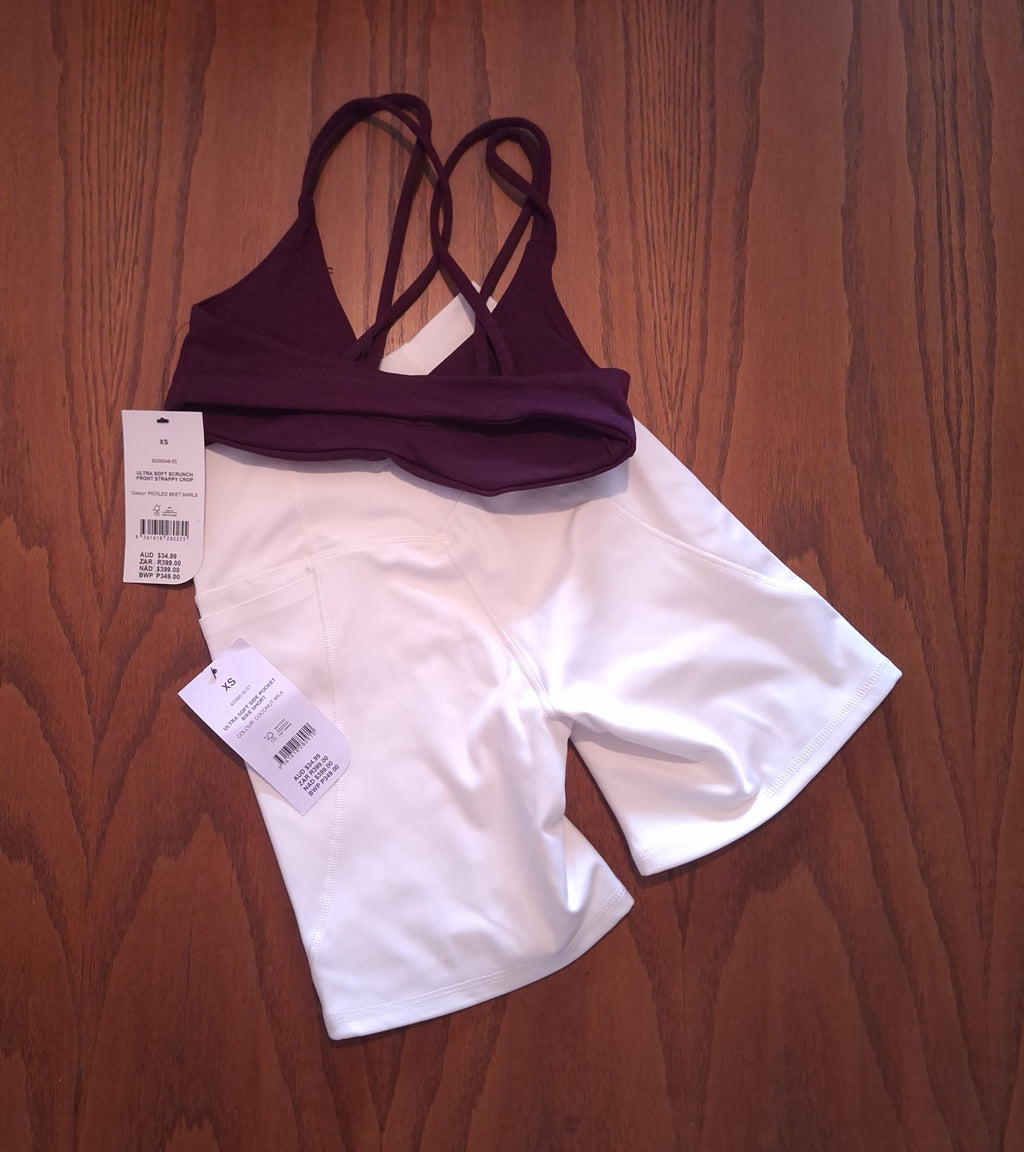 Cotton On Womens Gym Set:Ultra Soft Scrunch Front Strappy Crop and Ultra Soft Side Pocket Bike Short